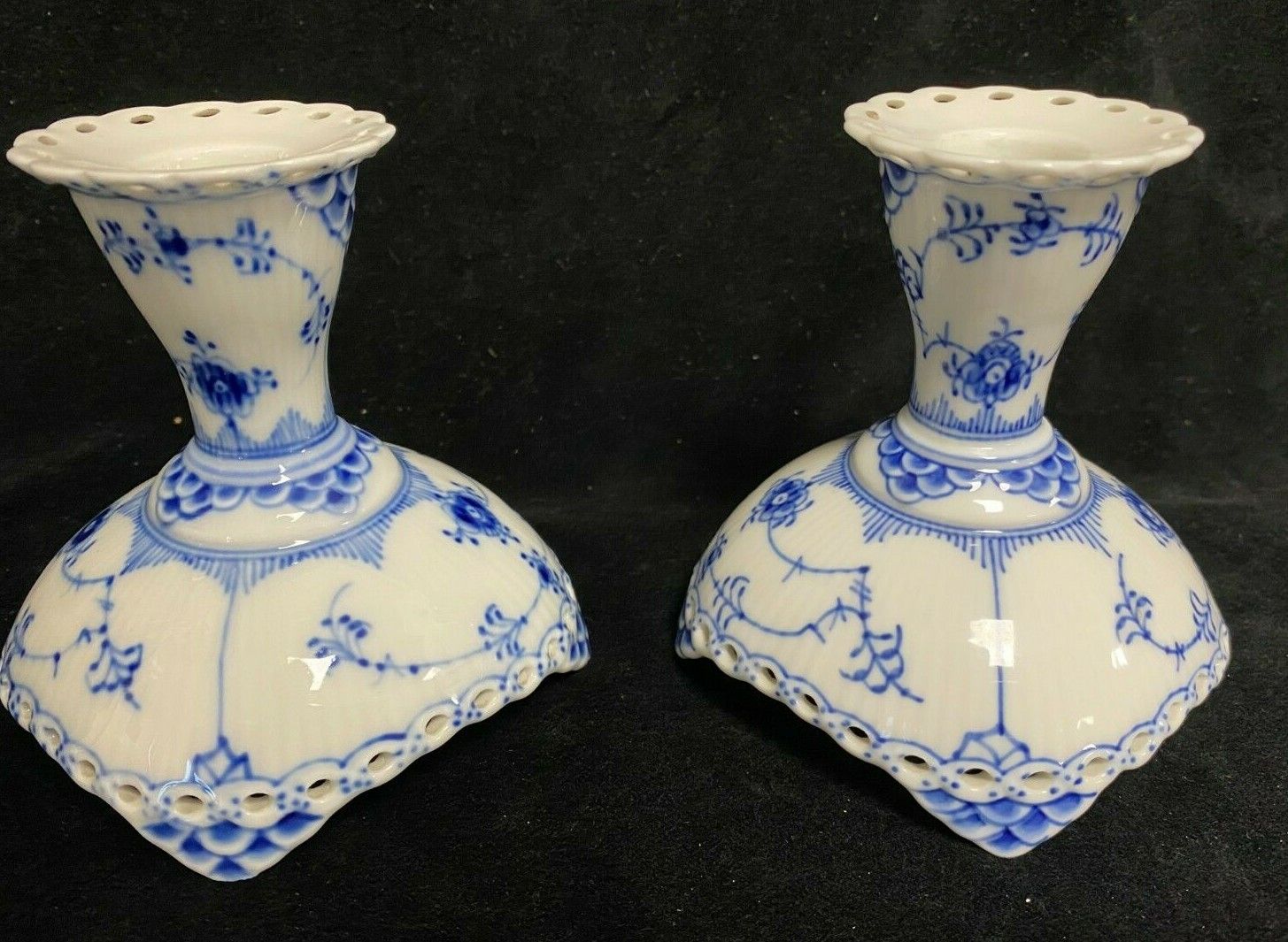 Royal Copenhagen Porcelain Blue Lace Pair Candlesticks Full Blue Lace
