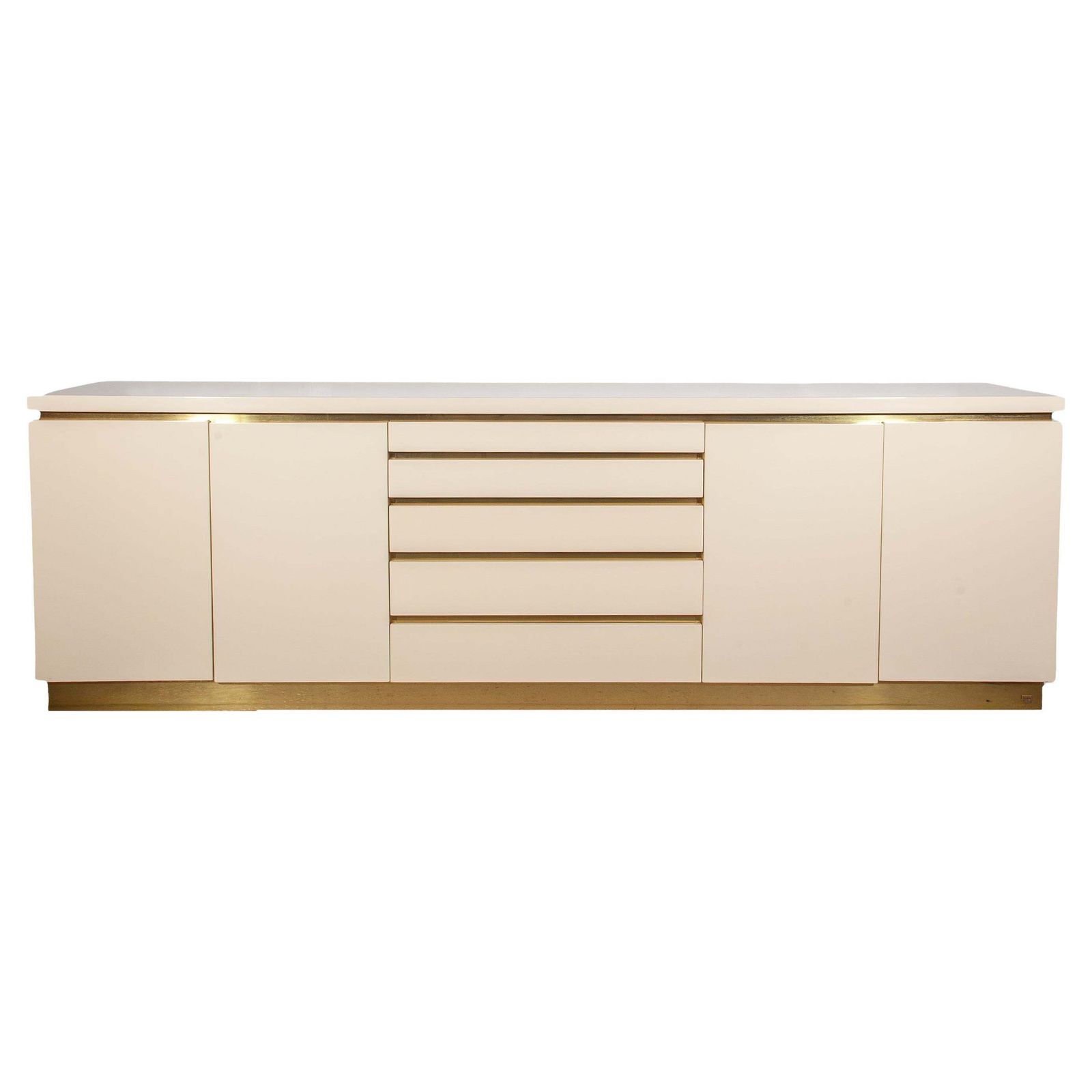 White Lacquer And Brass Sideboard By Jean Claude Mahey, 1980s