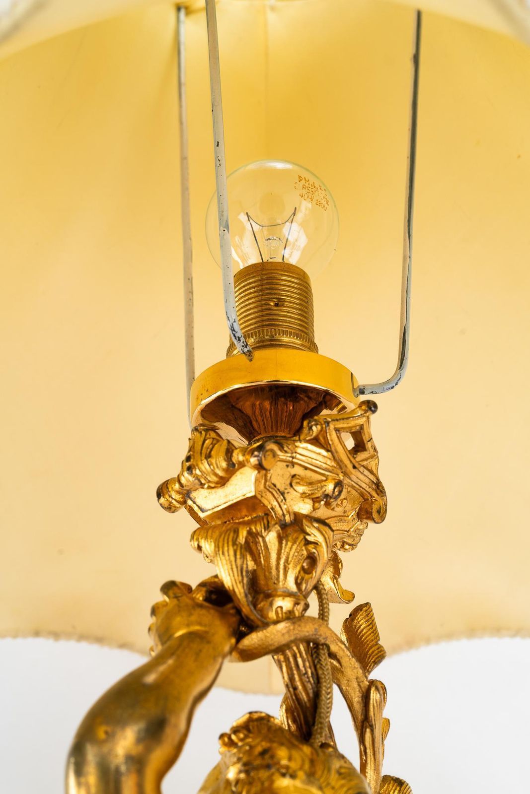 Big Historistic Fire Gilted Bronze Table Lamp With Fabric Shade France 1890s photo Lighting