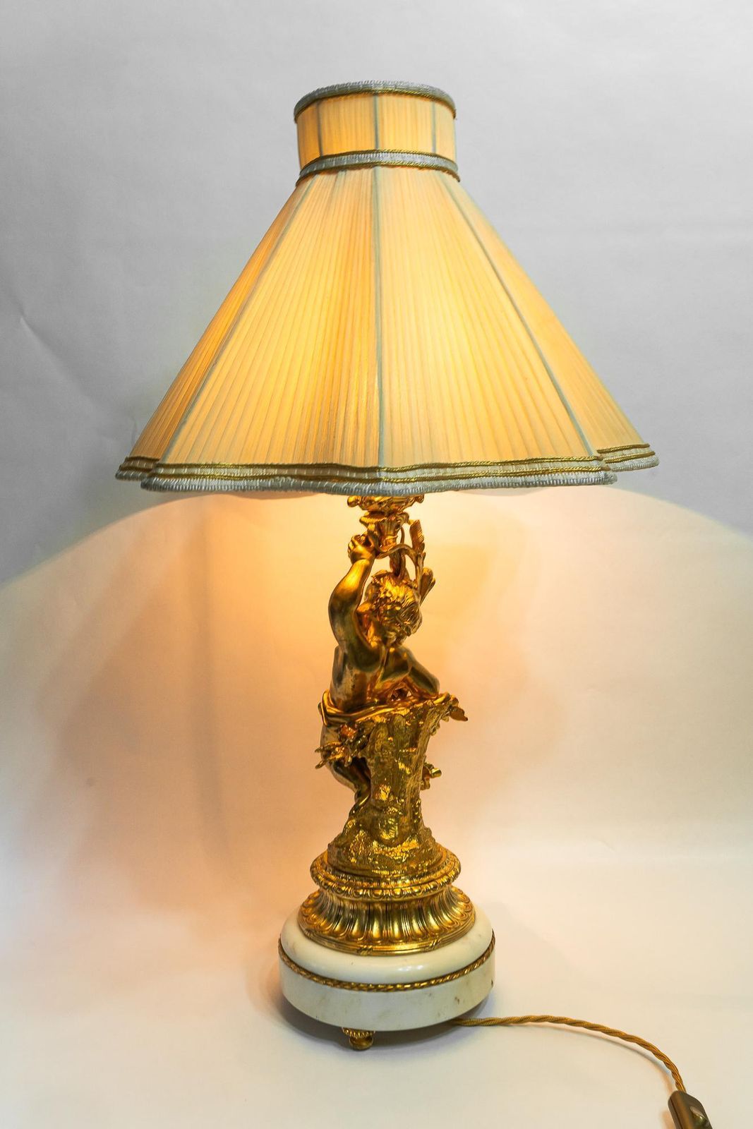 Big Historistic Fire Gilted Bronze Table Lamp With Fabric Shade France 1890s photo vinterior