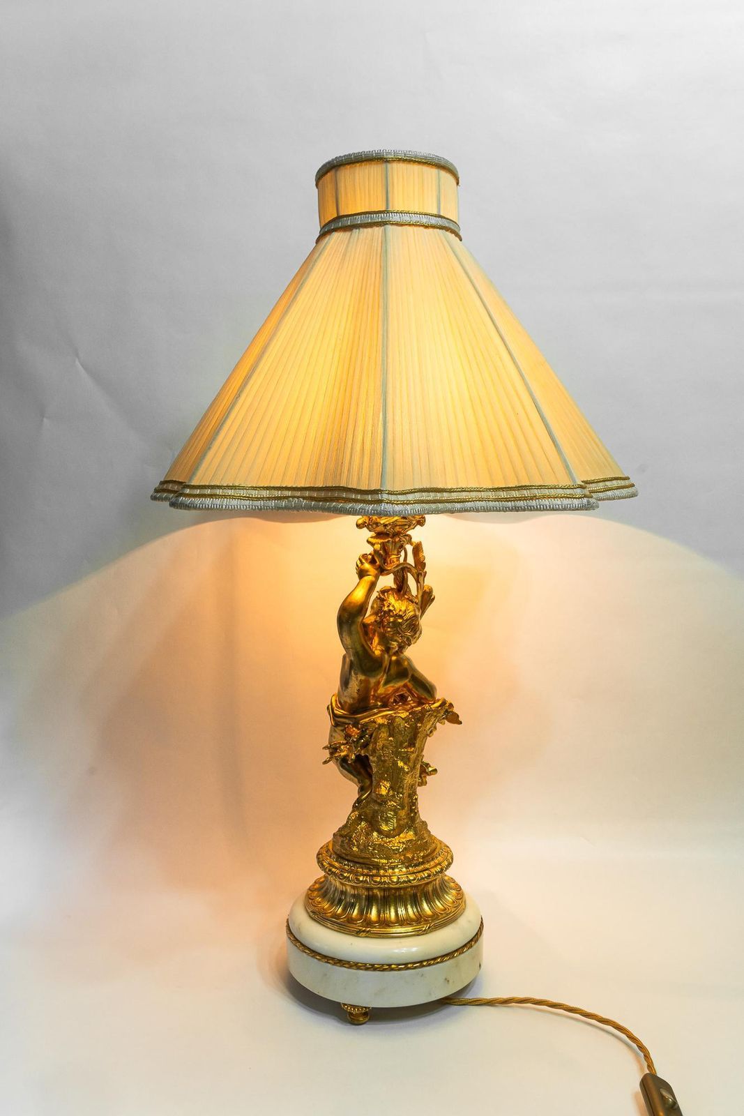 Big Historistic Fire Gilted Bronze Table Lamp With Fabric Shade France 1890s photo buy