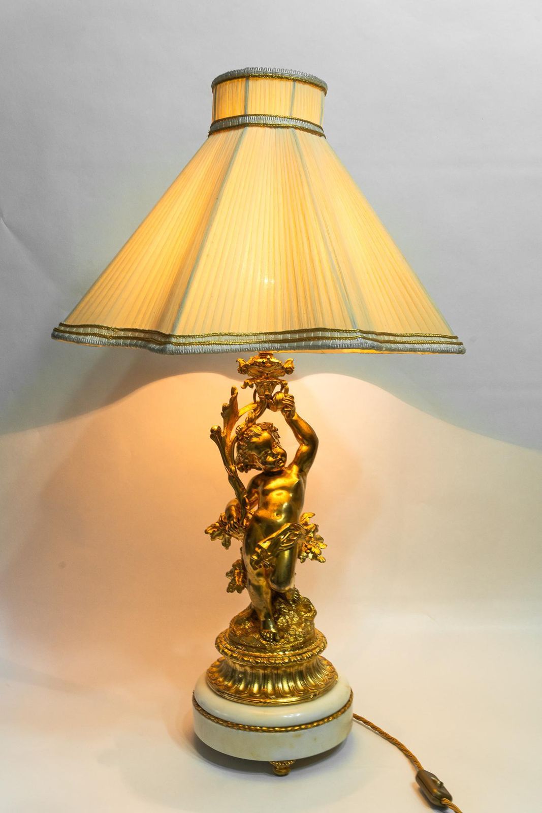photo for sale Big Historistic Fire Gilted Bronze Table Lamp With Fabric Shade France 1890s