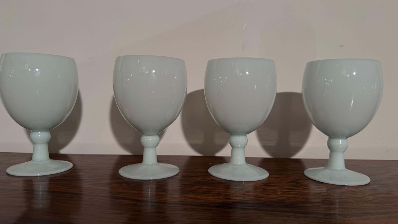 photo buy Antique Set Of Nine Opal Wine Glasses Hand Crafted In France, Portieux Vallerys