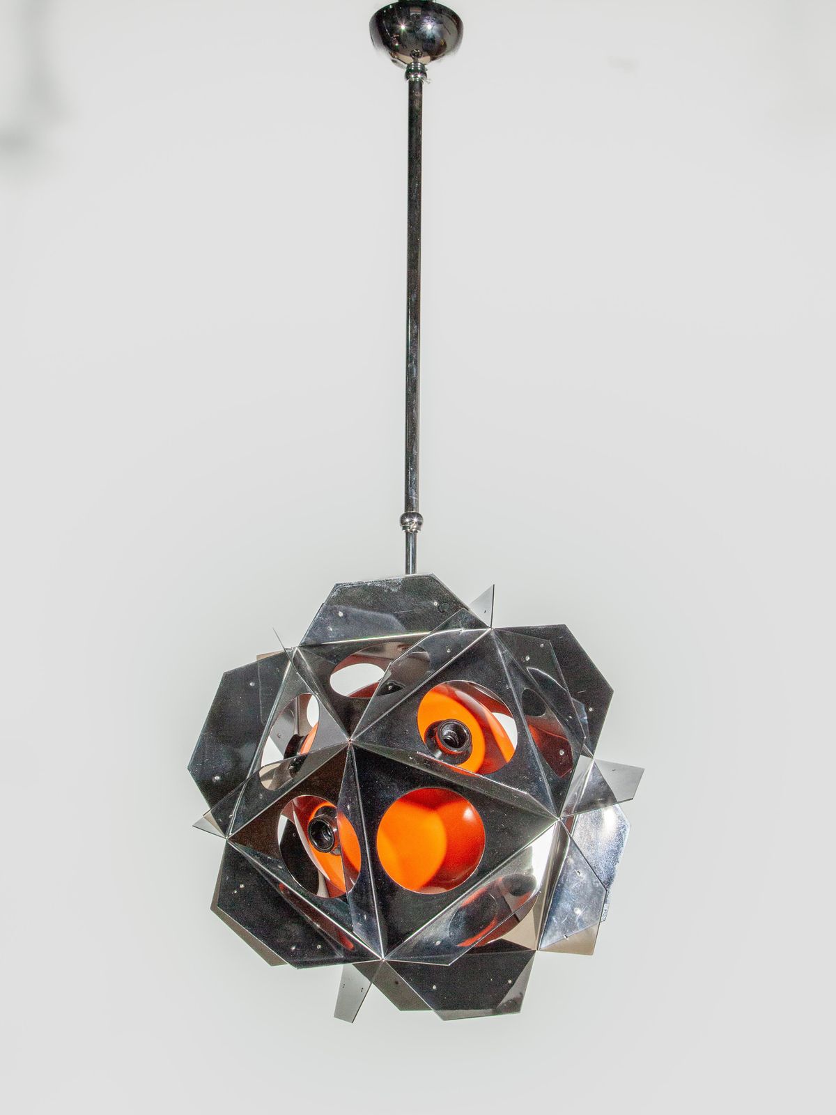 Space Age Bruno Munari Style Set Of Two Orange Geometric Chandeliers photo for sale