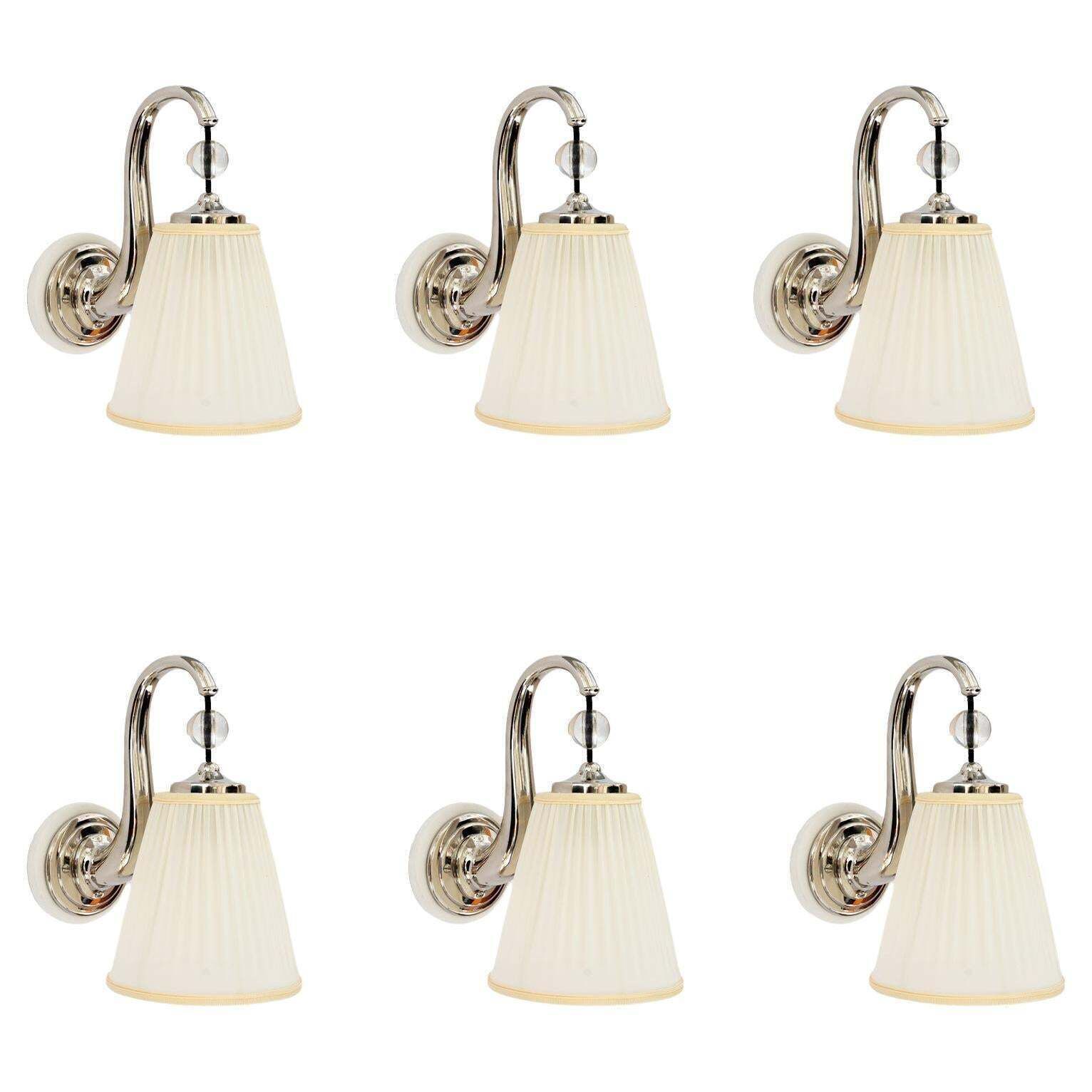 6x Art Deco Nickel   Plated Wall Lamps With Fabric Shades Vienna Around 1920s