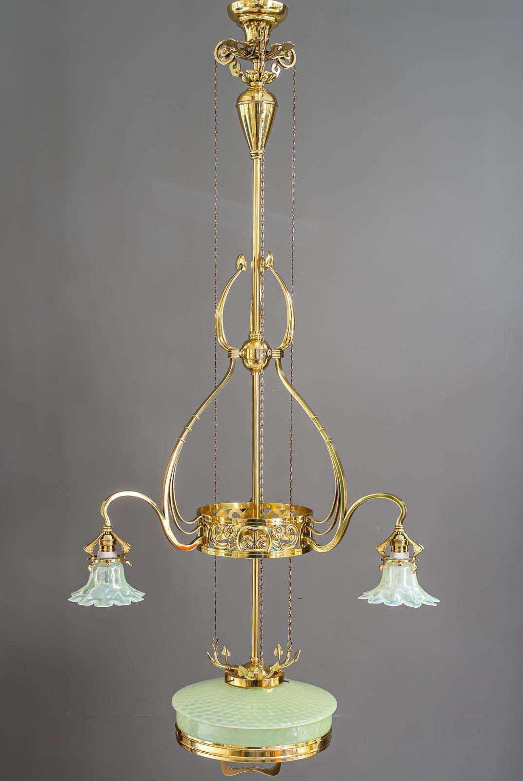 Adjustable Floral Jugendstil Chandelier With Opaline Glass Shades Around 1910 photo vinterior