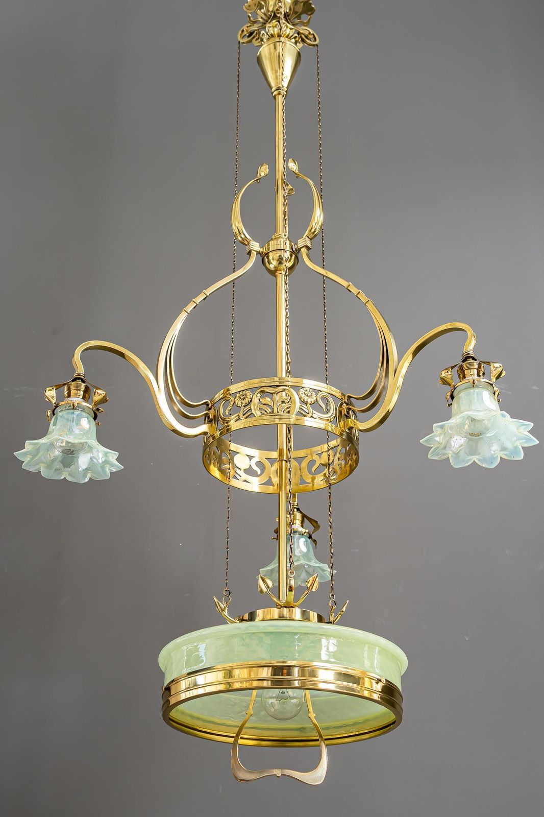photo vinterior Adjustable Floral Jugendstil Chandelier With Opaline Glass Shades Around 1910
