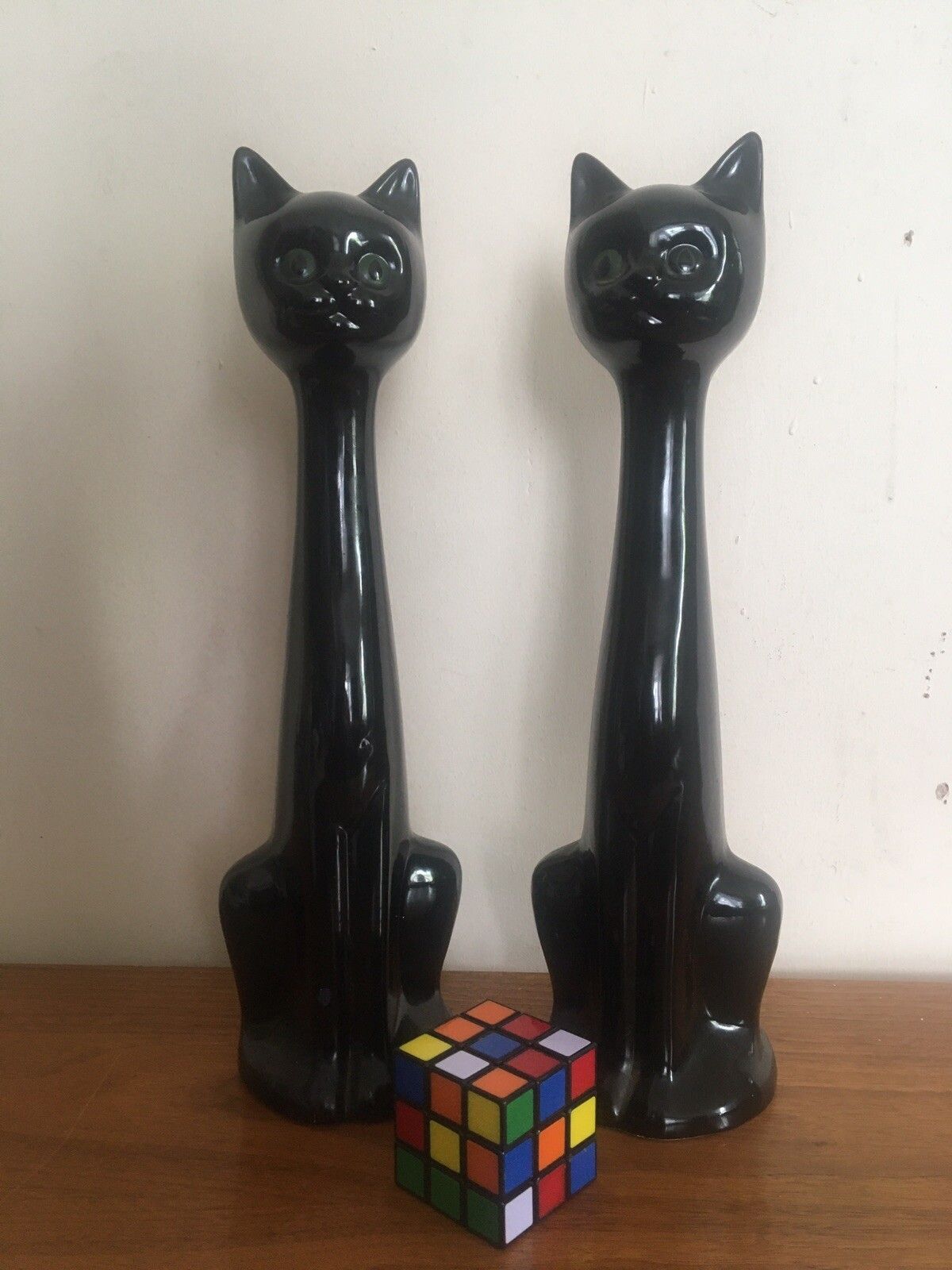 Large Pair Iconic Vintage Atomic Cats Ceramic Mid Century Pottery Long Neck 60s