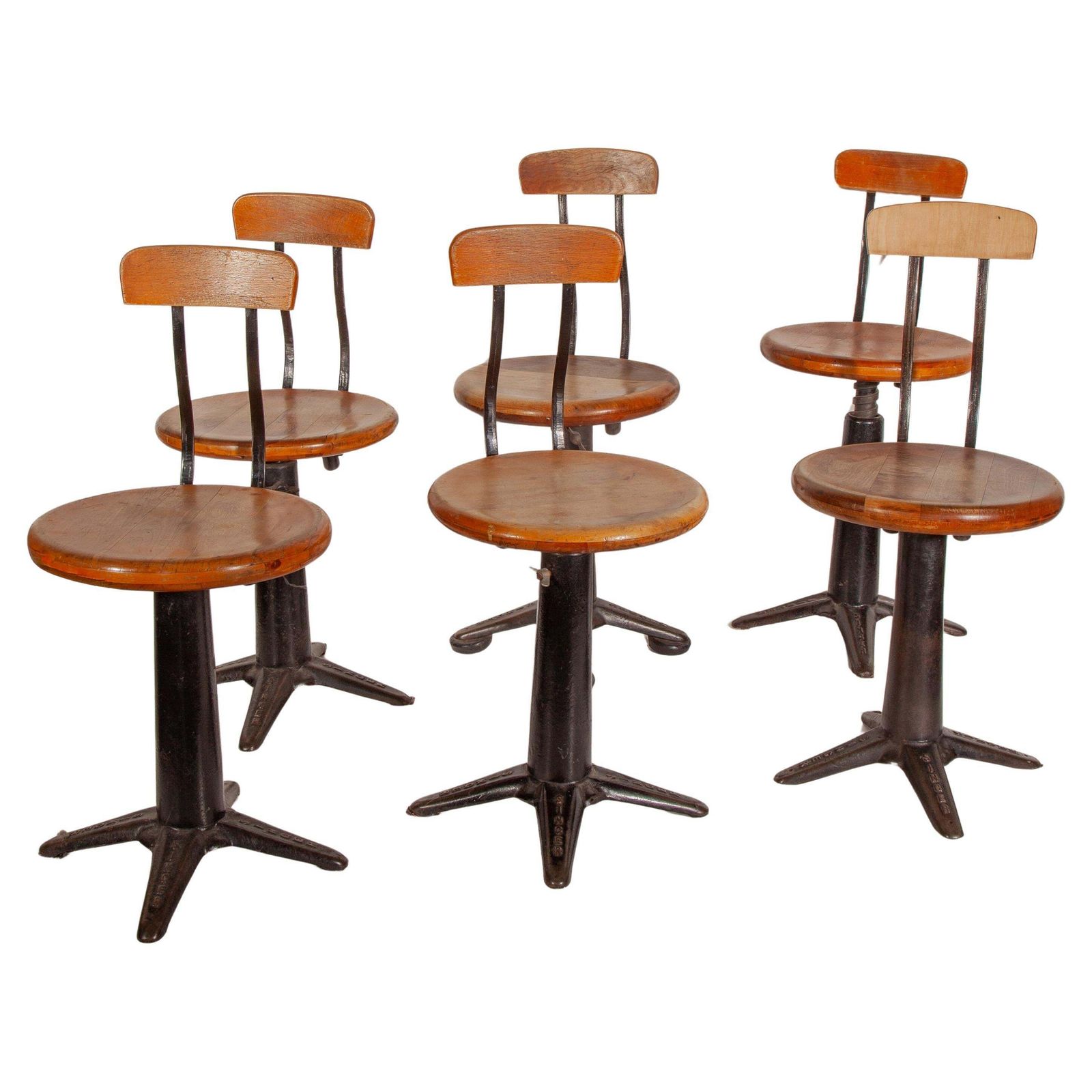 Antique Set Of Six Industrial Singer Sewing Adjustable Chairs, Stools, 1920s