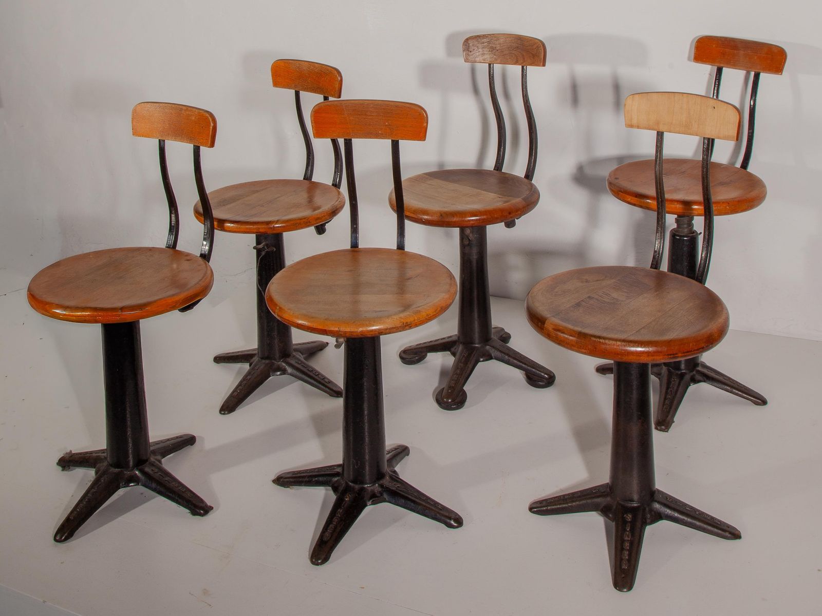 photo buy Antique Set Of Six Industrial Singer Sewing Adjustable Chairs, Stools, 1920s