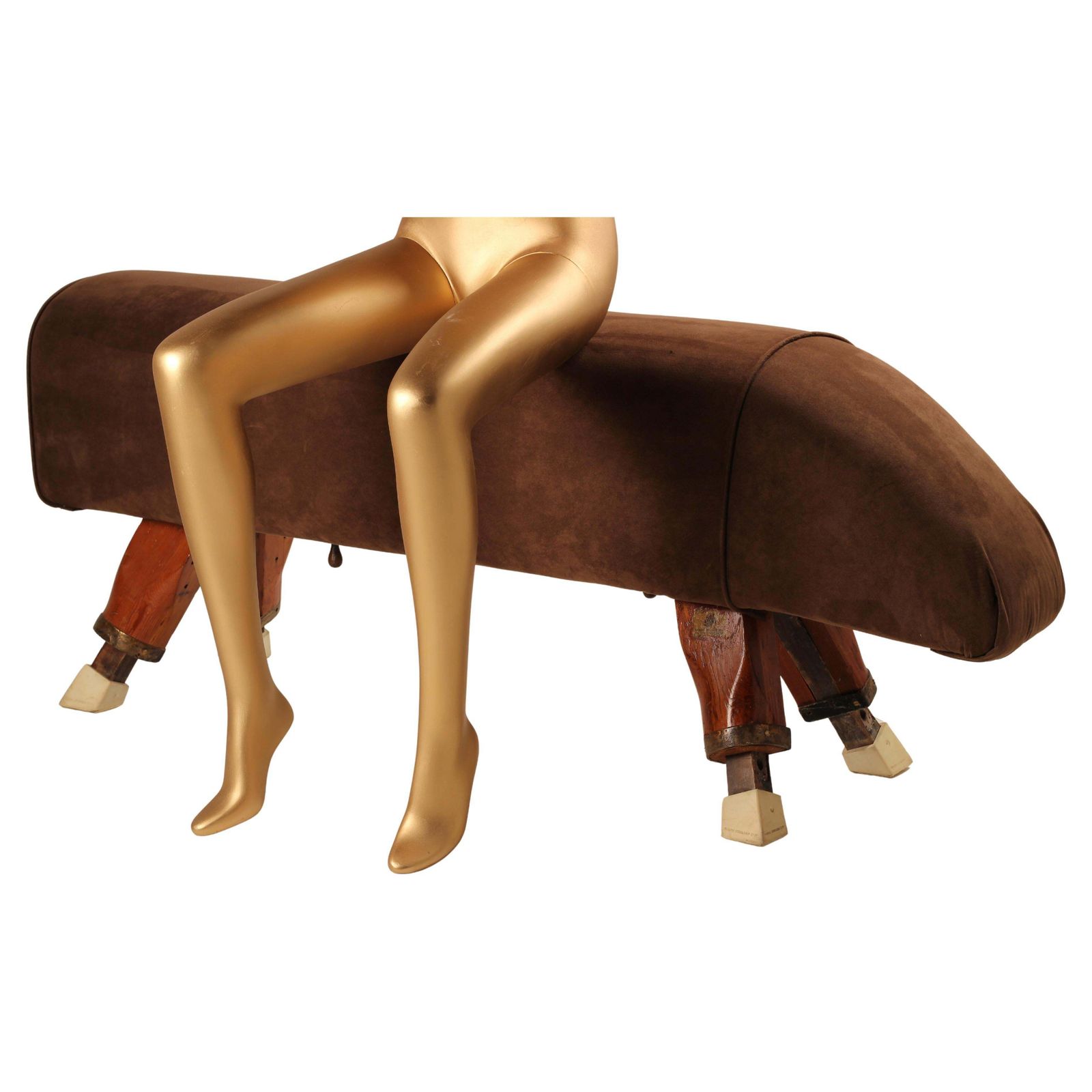English Vintage Pommel Horse Reupholstered In Suede And Repurposed As A Bench photo for sale