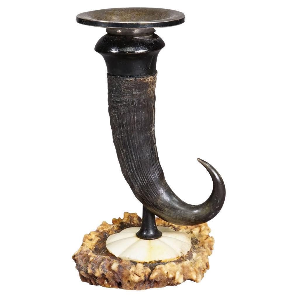 Antique Candle Stick With Real Chamois Horn, Circa 1900s