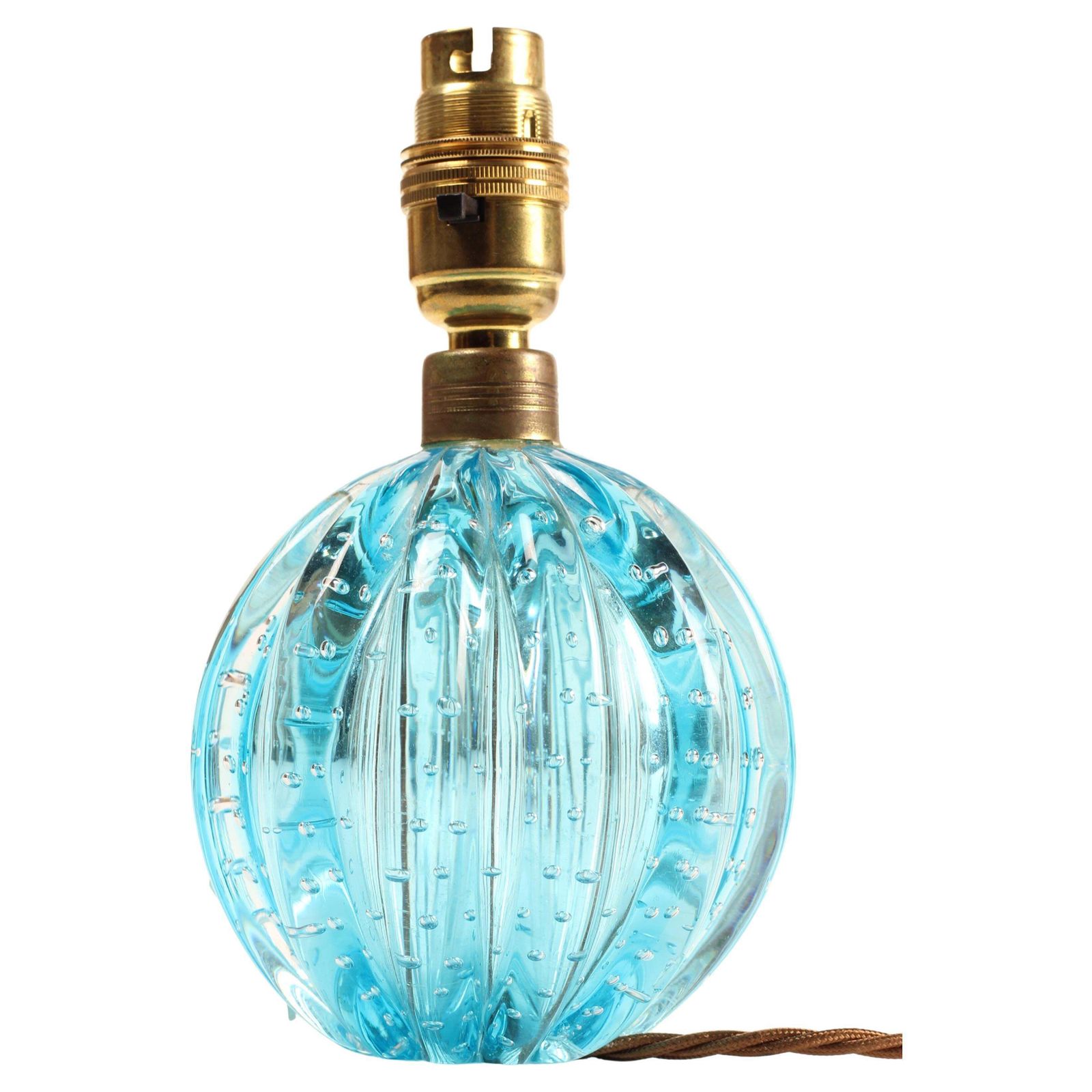photo for sale Turquoise Blue Bullicante Ribbed Globe Lamp By Archimede Seguso, Murano, Venezia