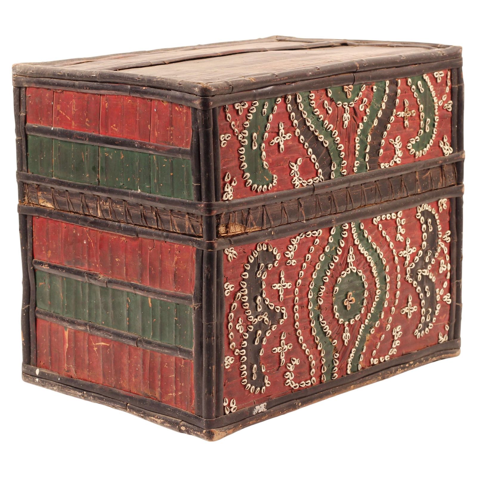 Folk Art Dowry Box, Lombok Indonesia, Cowrie, Painted Palm & Bamboo 1950’s Sasak photo buy