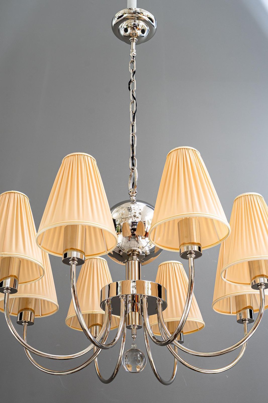 Art Deco Nickel Plated Chandelier With Fabric Shades Vienna Around 1920s photo vinterior