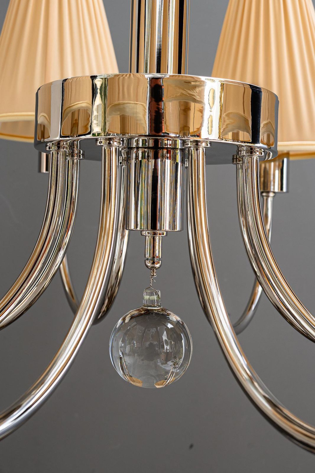 Lighting Art Deco Nickel Plated Chandelier With Fabric Shades Vienna Around 1920s photo