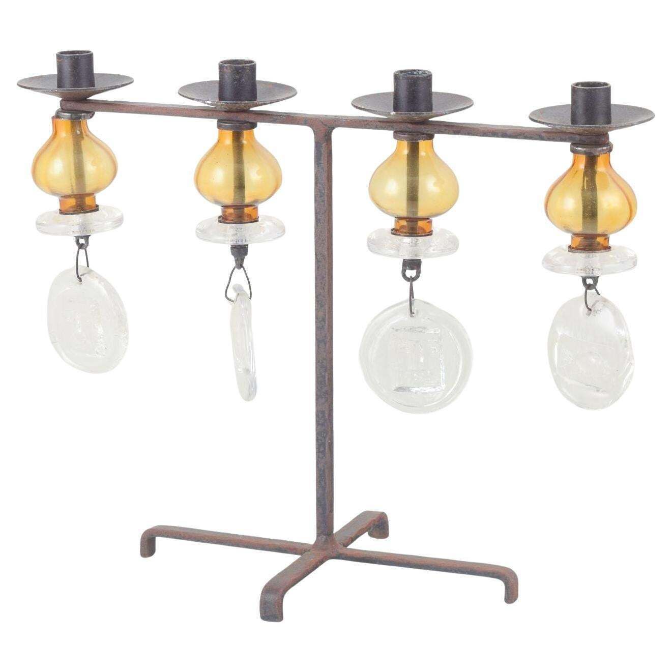 Erik Höglund For Kosta Boda. Four Armed Iron Candelabra With Glass Prisms