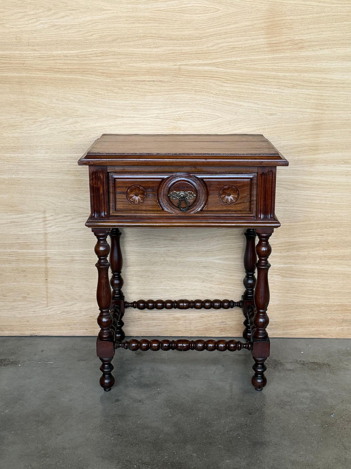 Pair Of Light Walnut Carved Spanish Nightstands With Turned Legs And Drawer photo Furniture