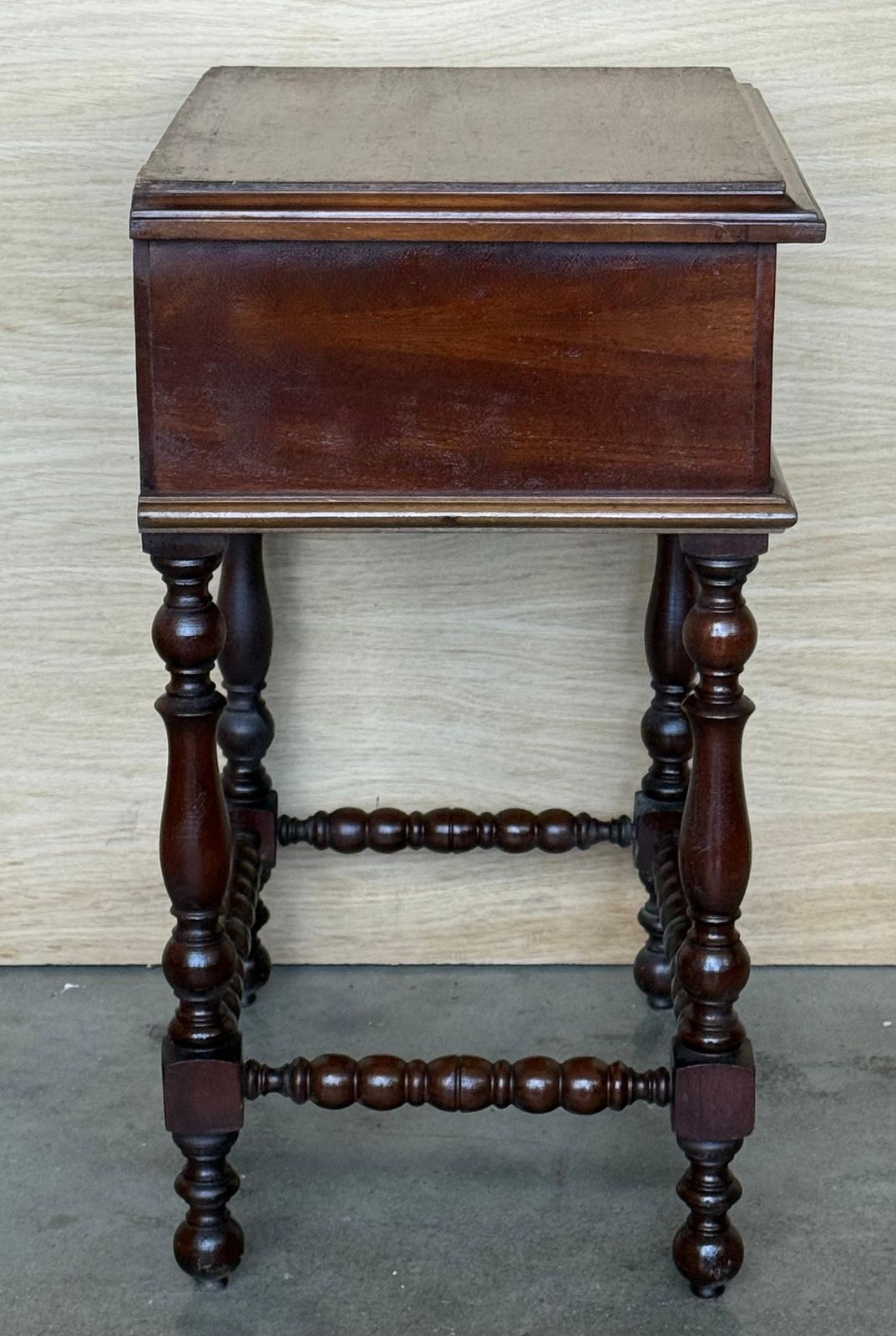 Pair Of Light Walnut Carved Spanish Nightstands With Turned Legs And Drawer photo buy