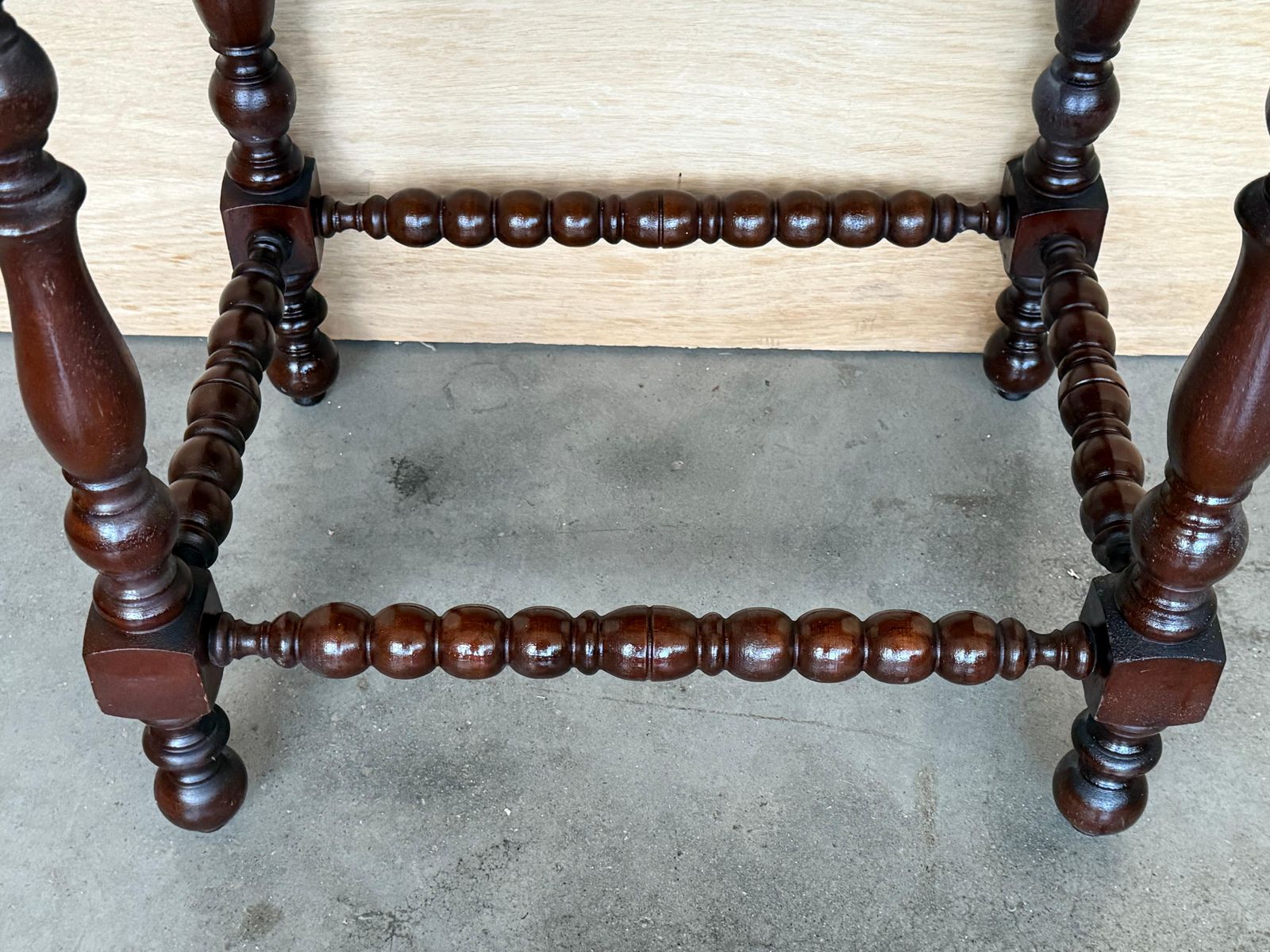 photo furniture Pair Of Light Walnut Carved Spanish Nightstands With Turned Legs And Drawer