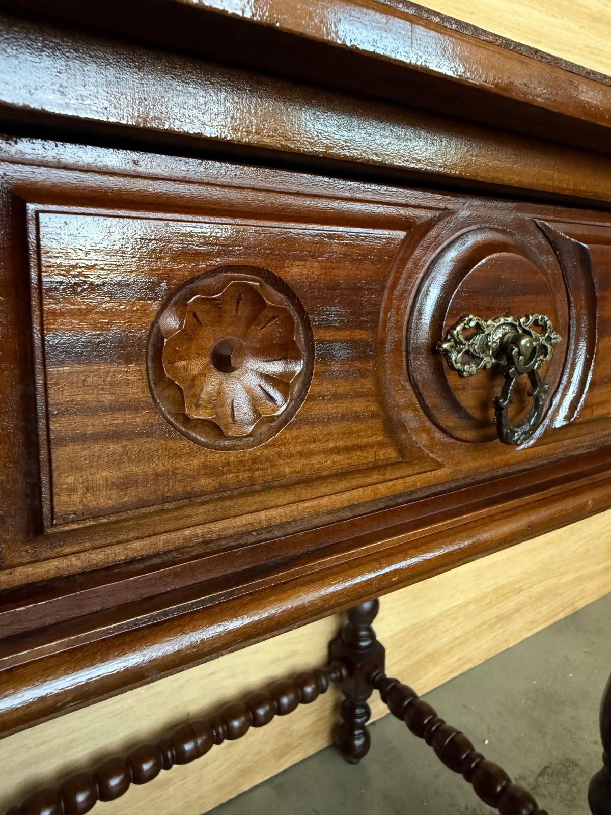 photo for sale Pair Of Light Walnut Carved Spanish Nightstands With Turned Legs And Drawer