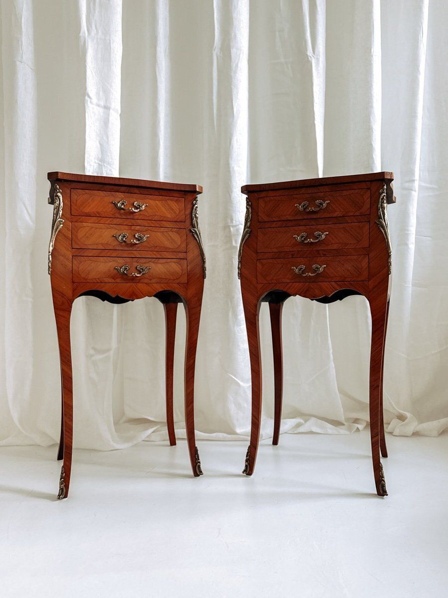 Louis XV French Bedside Tables With Floral Marquetry, 1940s, Set Of 2