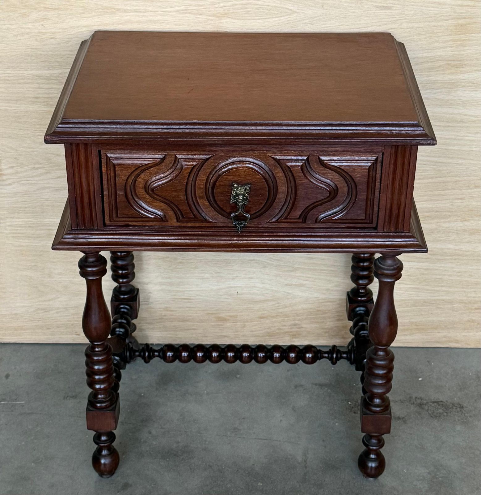 Pair Of Light Walnut Carved Spanish Nightstands With Turned Legs And Drawer photo Furniture