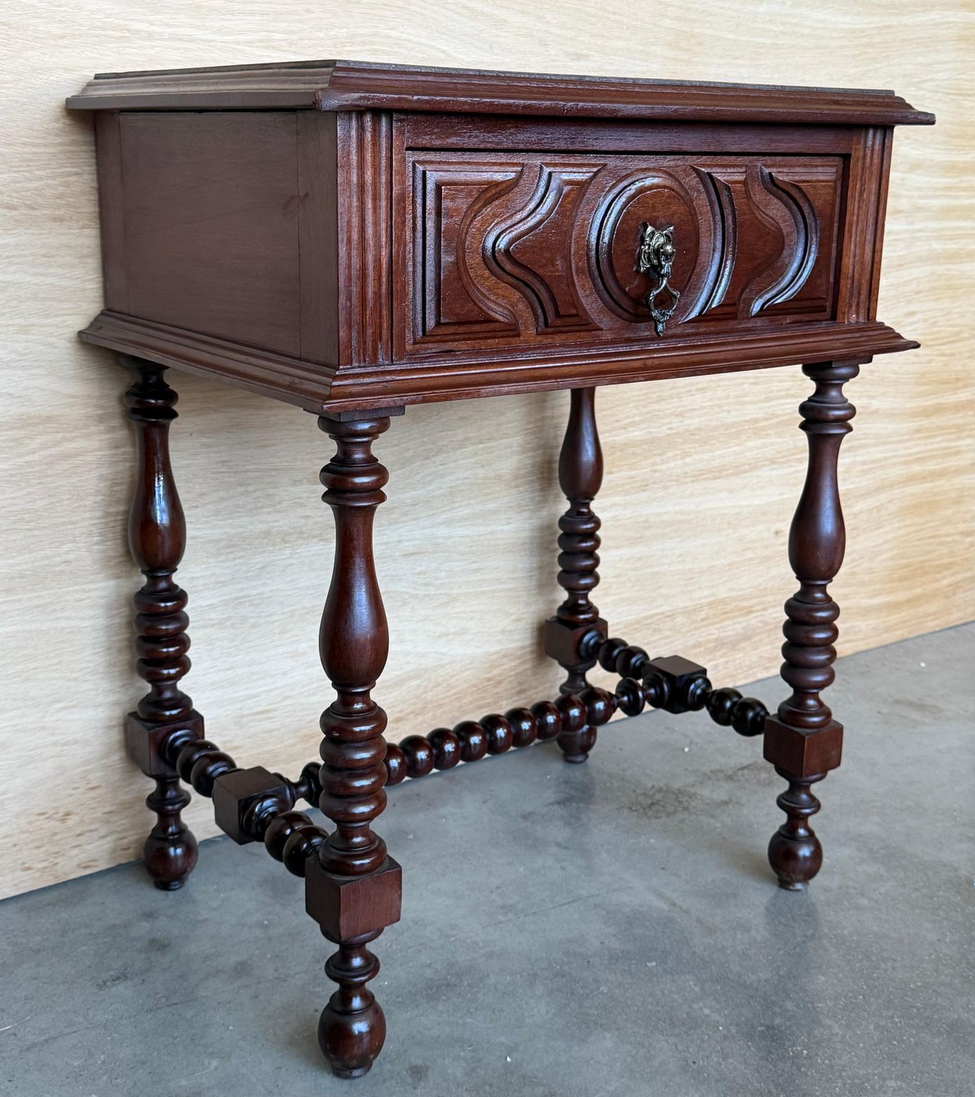 Pair Of Light Walnut Carved Spanish Nightstands With Turned Legs And Drawer photo 2382.0
