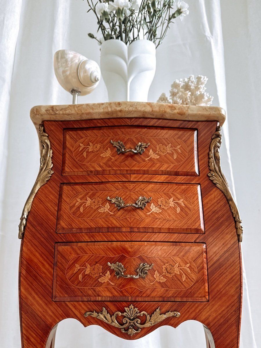 Mid Century French Louis XV Style Bedside Tables With Marble Tops And Floral Marquetry, 1940s, Set Of 2 photo furniture