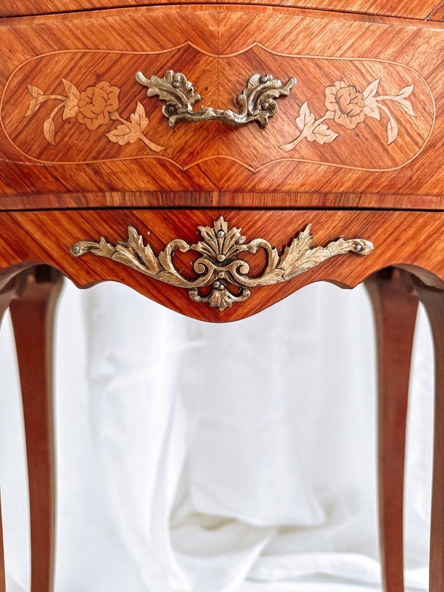 Mid Century French Louis XV Style Bedside Tables With Marble Tops And Floral Marquetry, 1940s, Set Of 2 photo 8172.0