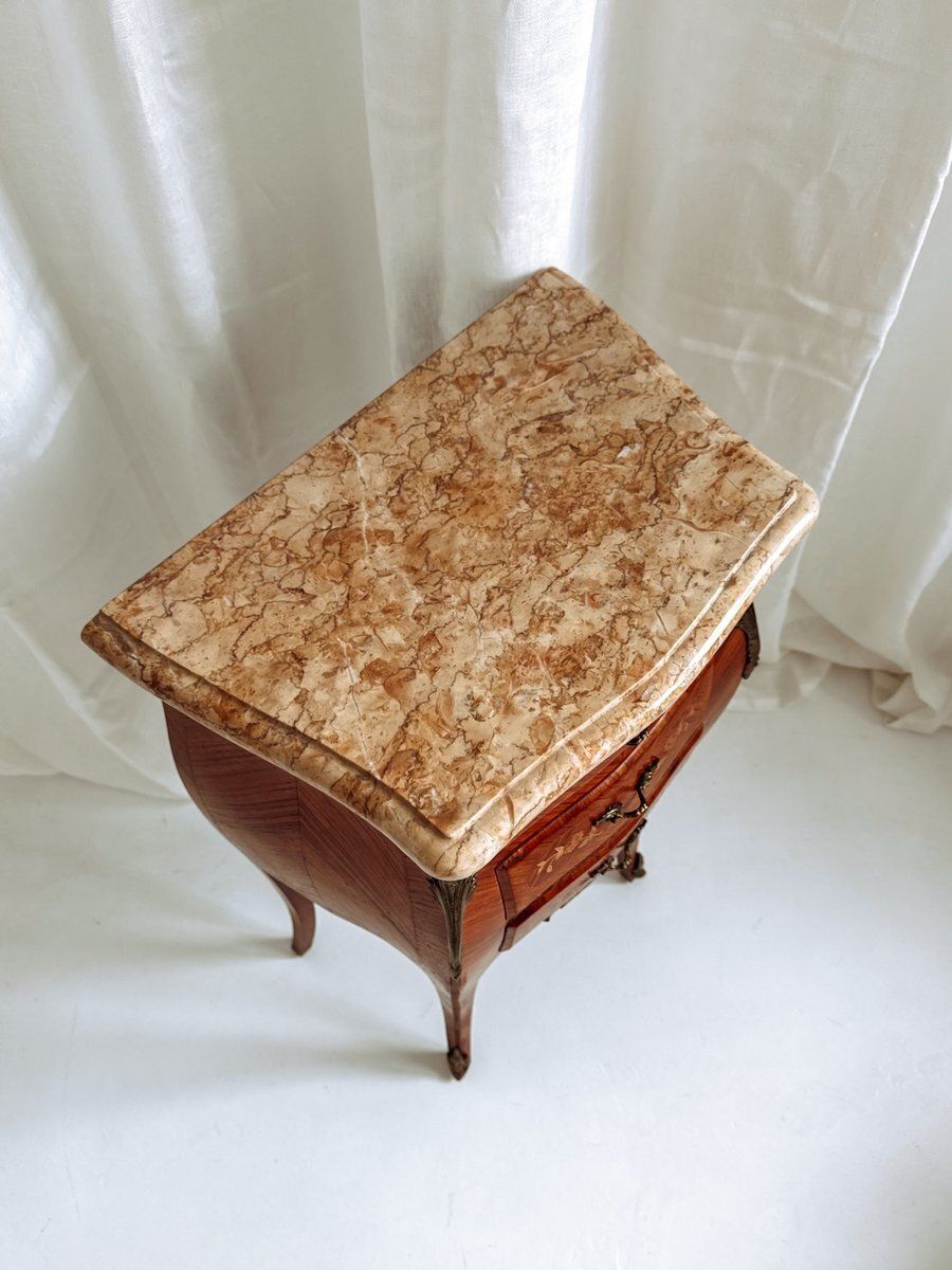 Mid Century French Louis XV Style Bedside Tables With Marble Tops And Floral Marquetry, 1940s, Set Of 2 photo vinterior
