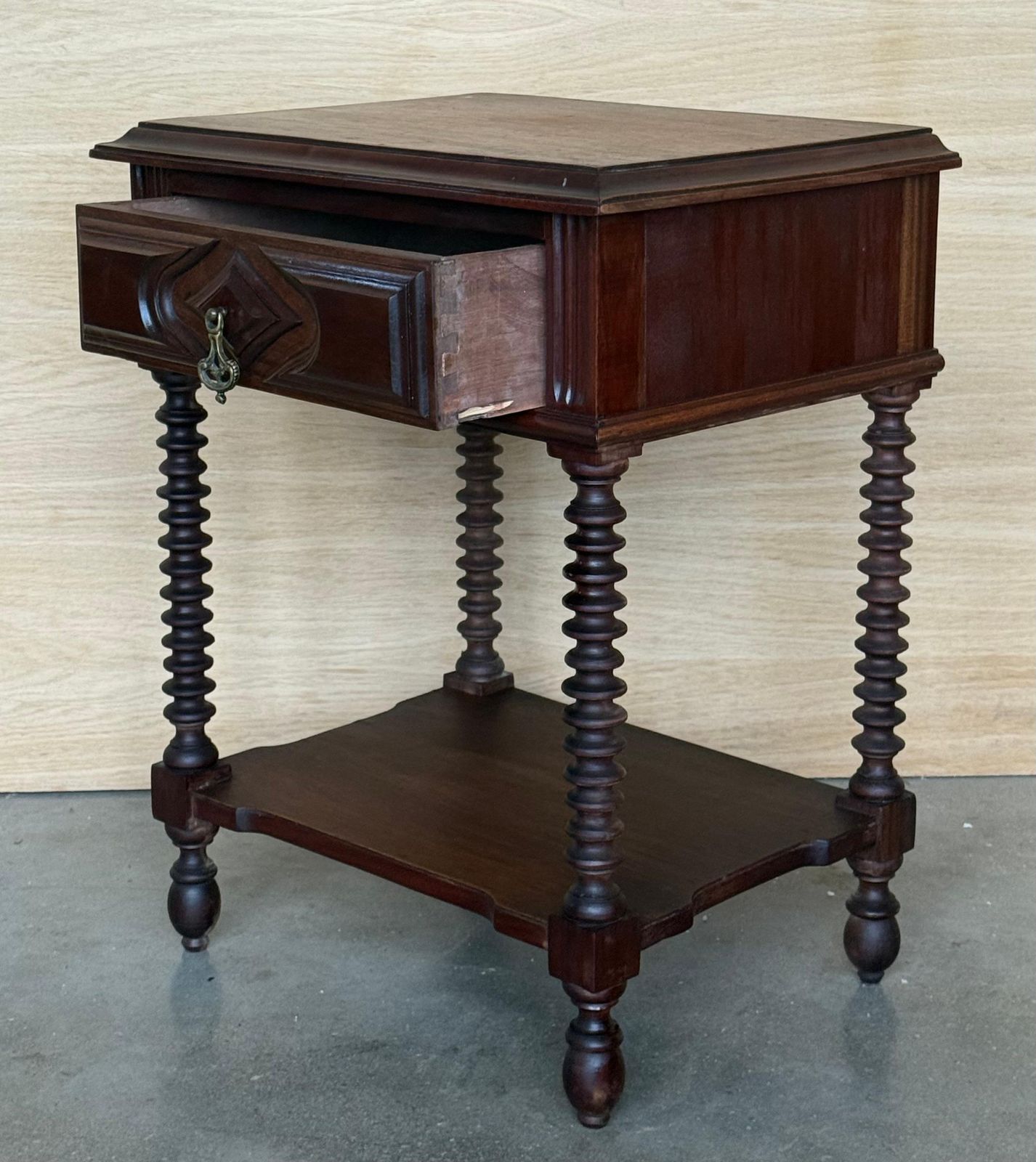 Pair Of Spanish Nightstands With One Drawer And Low Shelve And Lentil Legs photo vintage