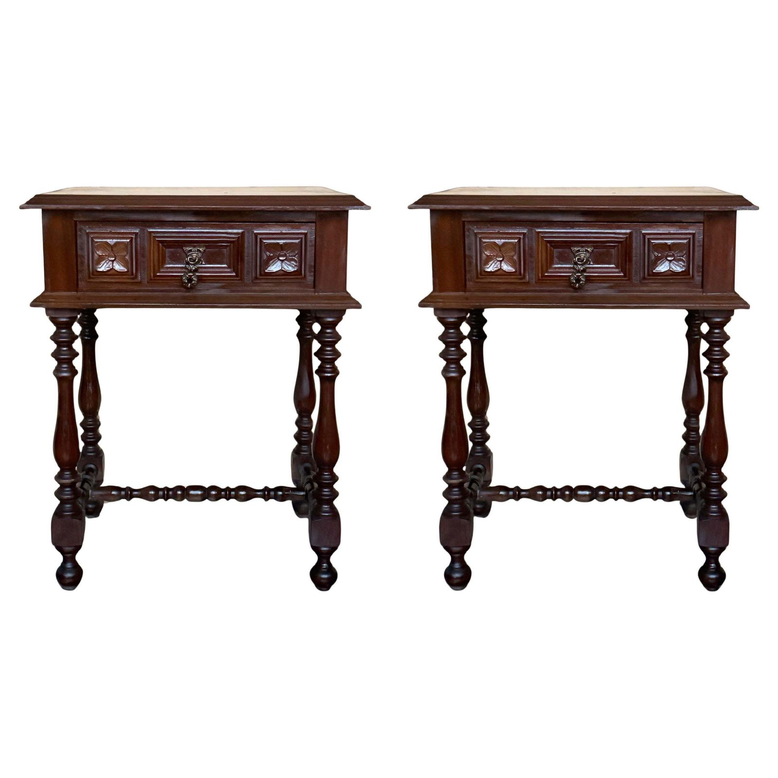 20th Pair Of Spanish Walnut Carved Nightstands With Drawer