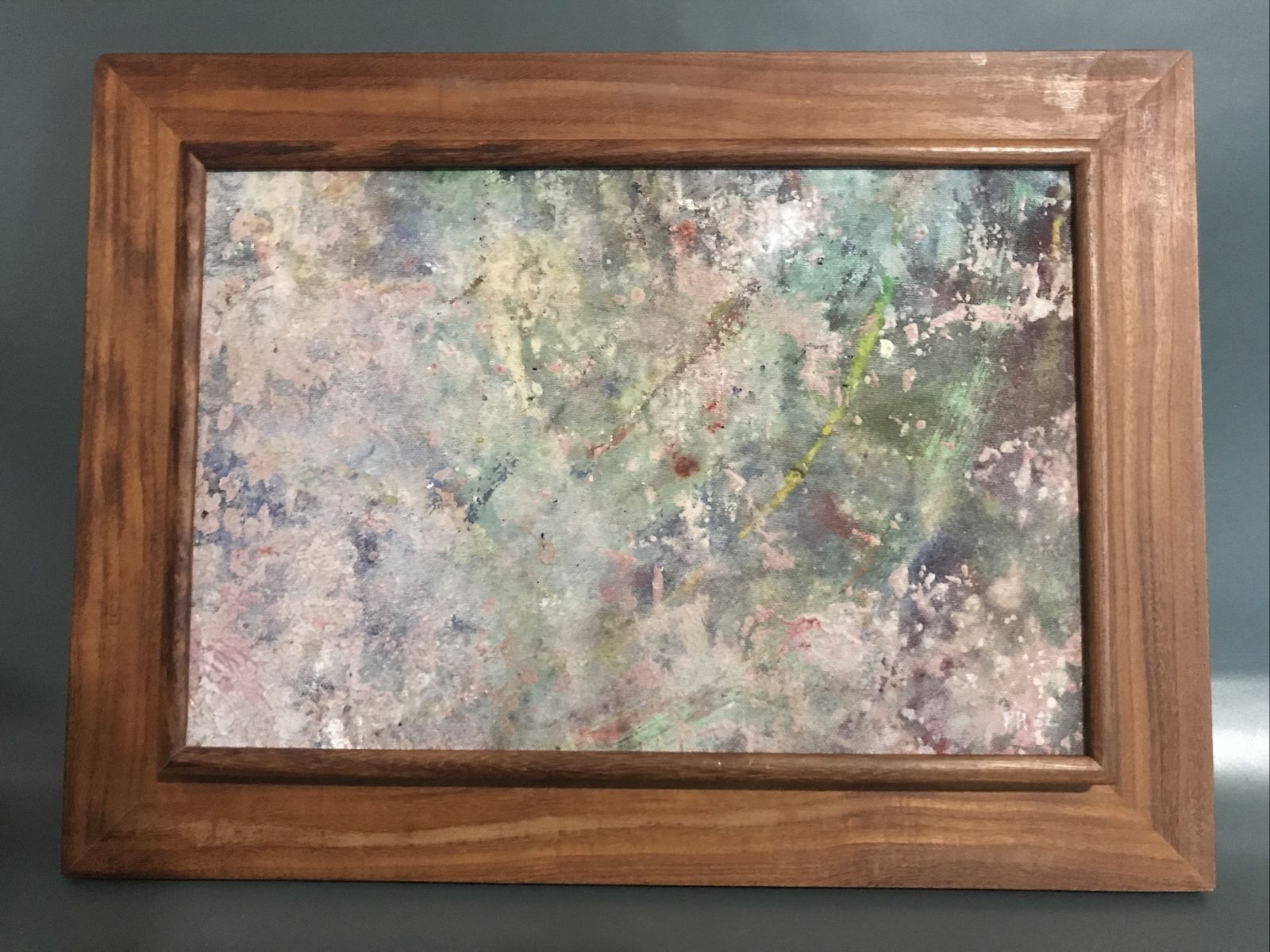 Original Abstract Painting Expressionist Canvas Signed Teak Frame 1982  Vintage photo furniture