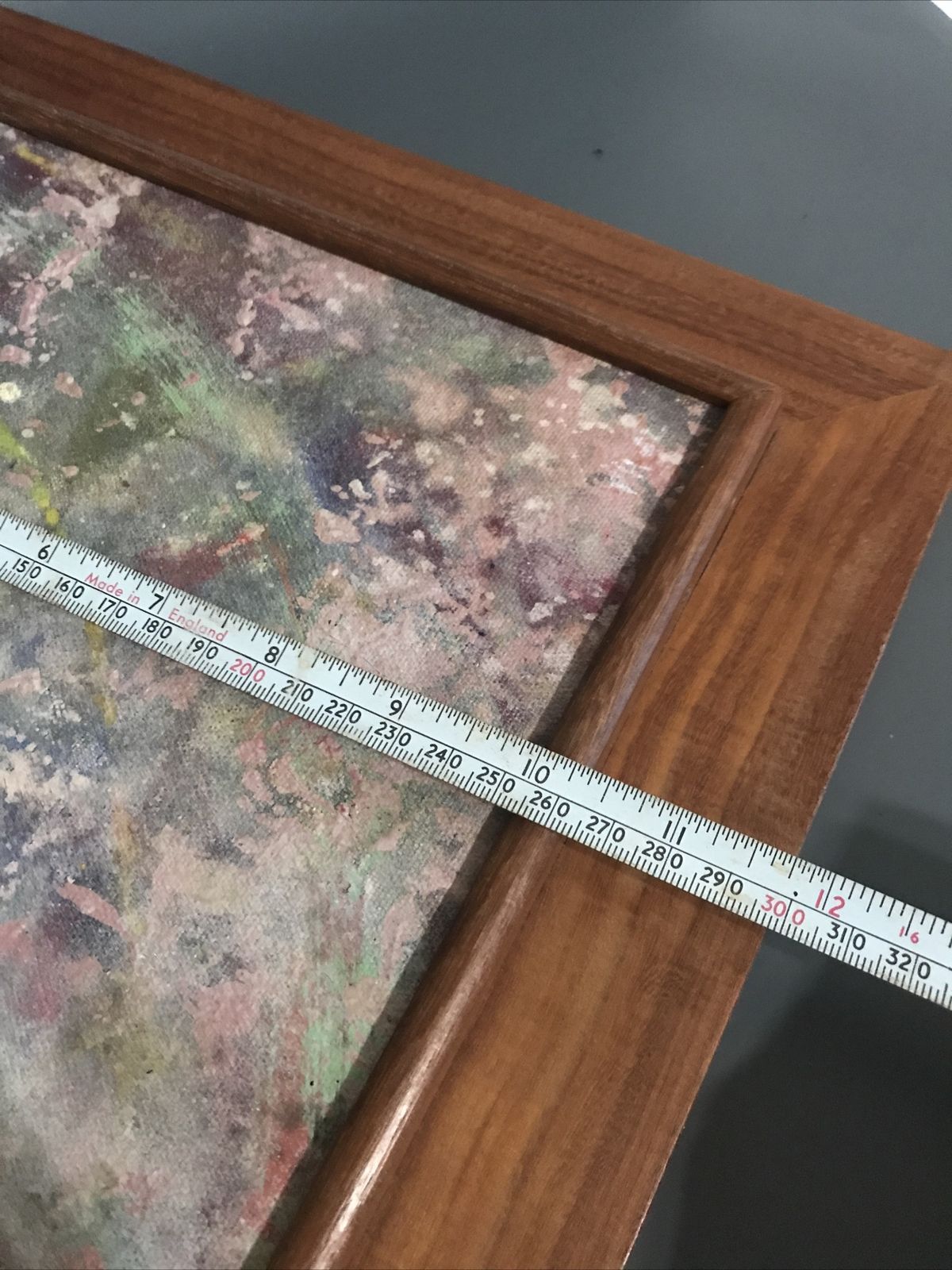 Art Original Abstract Painting Expressionist Canvas Signed Teak Frame 1982  Vintage photo
