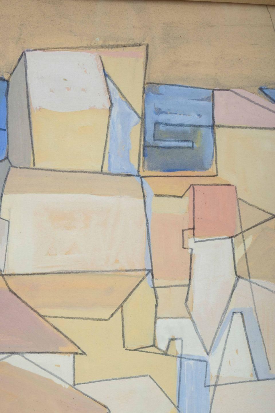 Pär Nordlander. Abstract Cityscape By The Sea. Mixed Media On Paper. photo for sale
