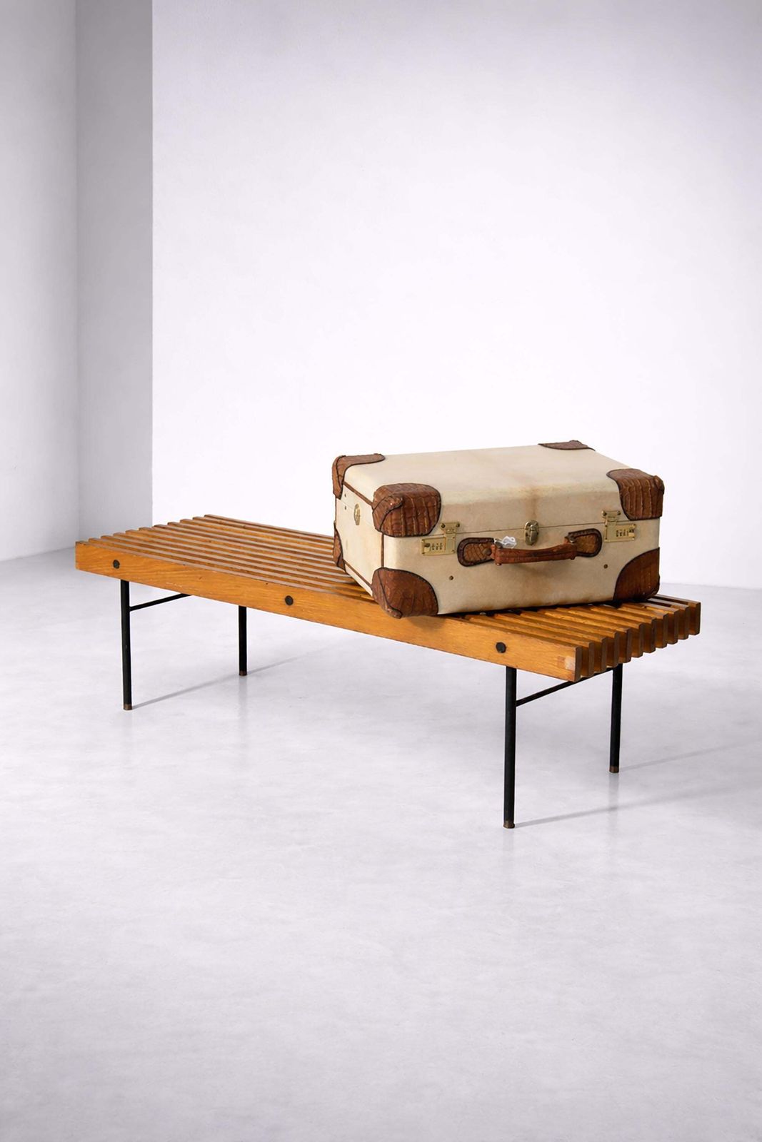 Modernist Italian Bench In Solid Wood And Metal With Brass Tips photo for sale