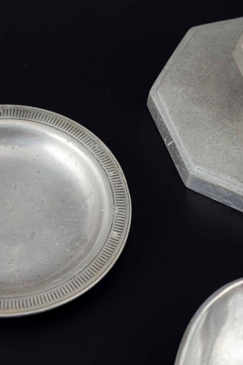Just Andersen, Denmark. Collection Of Three Small Pewter Dishes And Candlestick. photo for sale