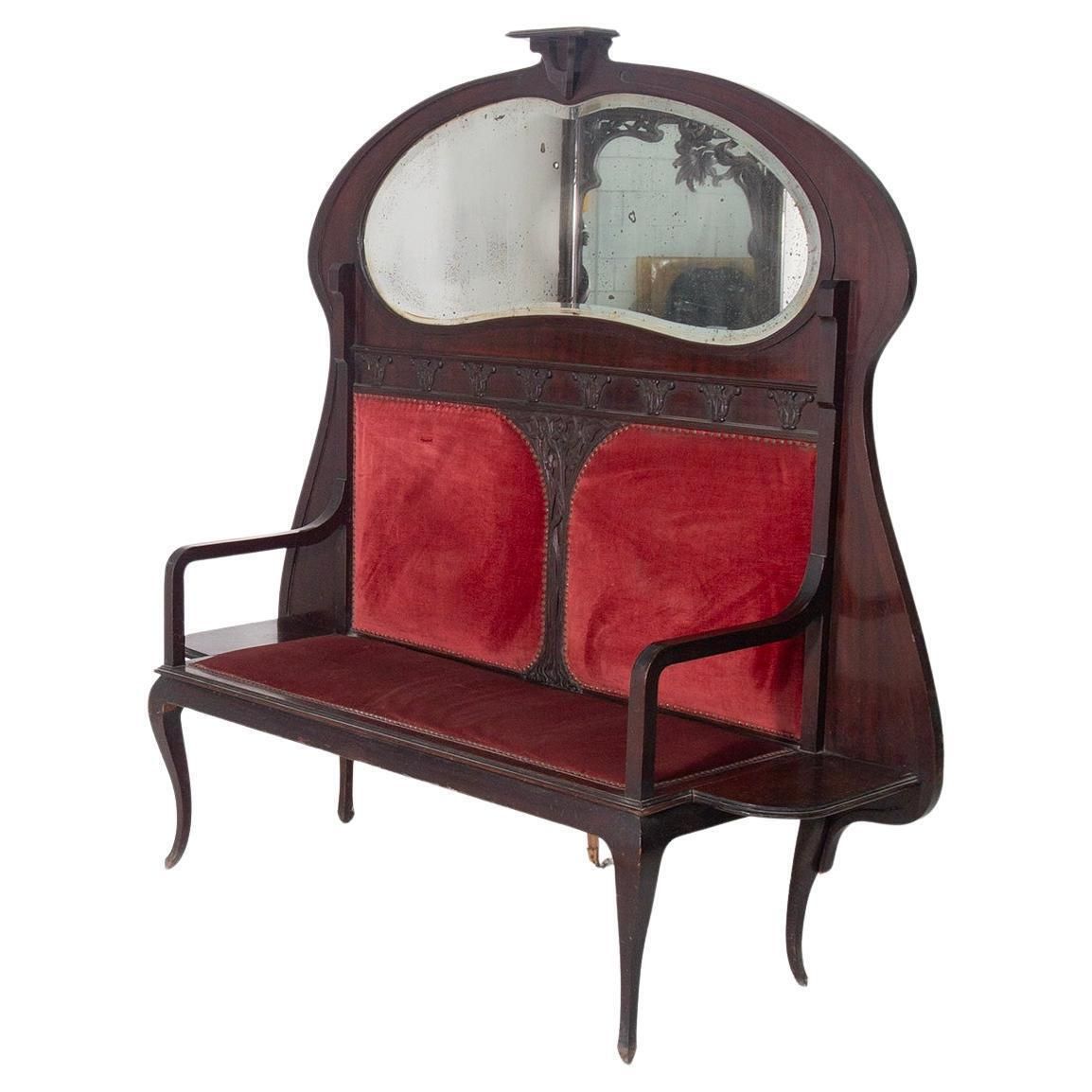 Italian Art Nouveau Wall Bench With Original Mirror, Liberty Bench