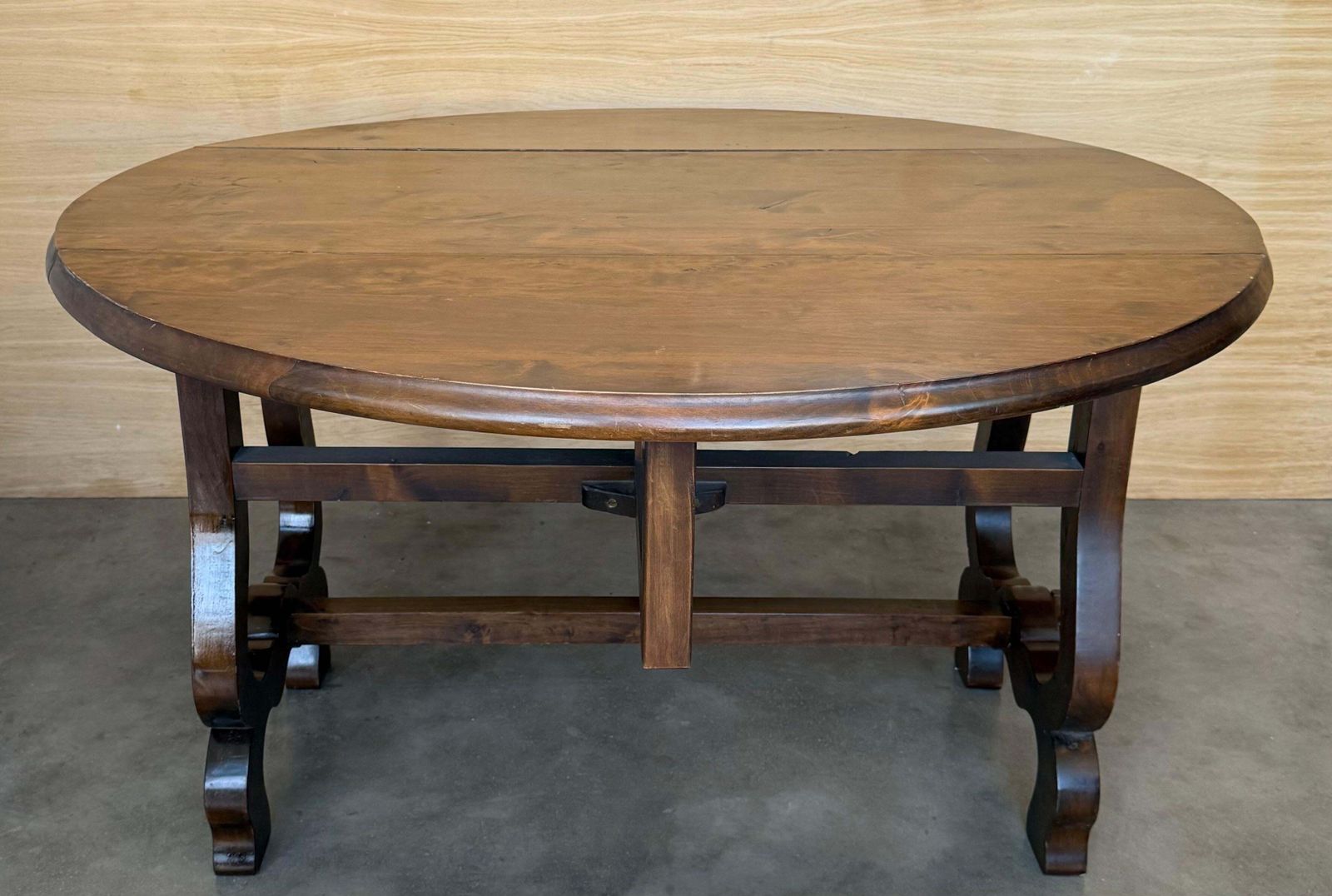 2954.0 Spanish 20th Century Walnut Drop Leaf Table With Round Top And Lyre Legs photo