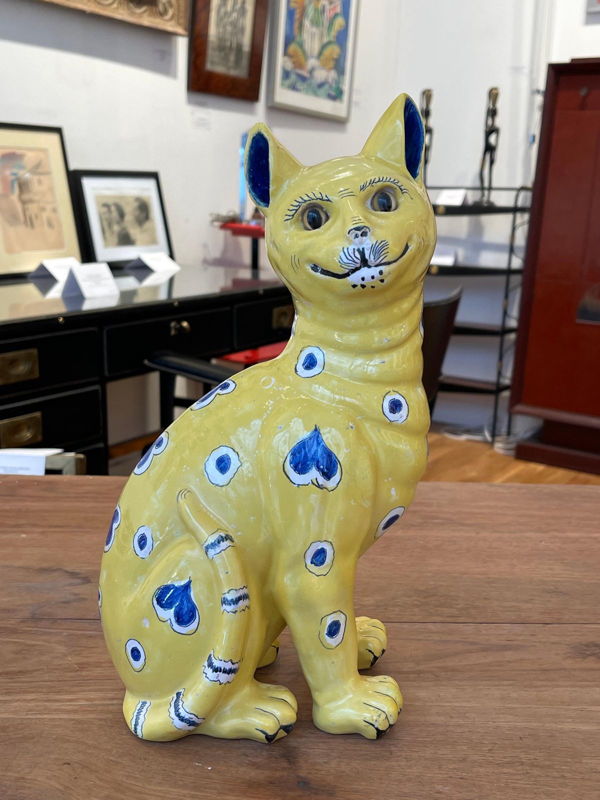photo for sale Two Yellow Faience Ceramic Cats, Emile Gallé For Gallé Reinemer