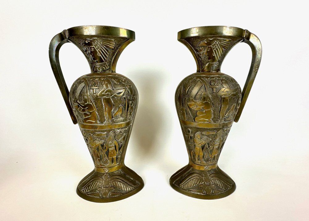 Egiptian Scenes Galvanized Metal Vases, 1900s, Set Of 2 photo furniture