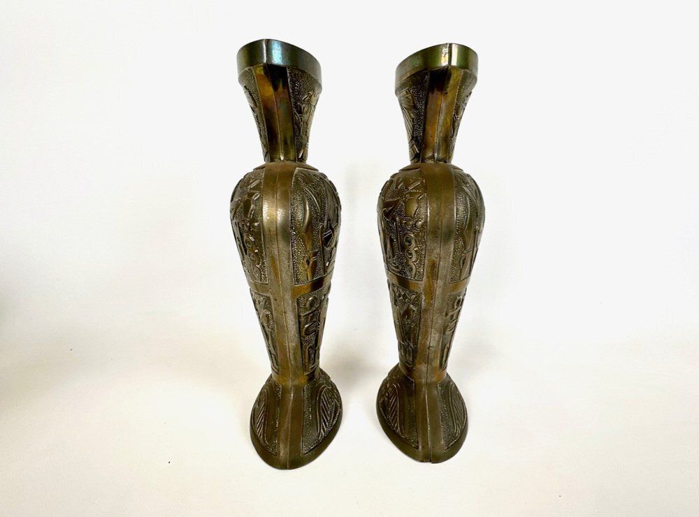 Egiptian Scenes Galvanized Metal Vases, 1900s, Set Of 2 photo for sale