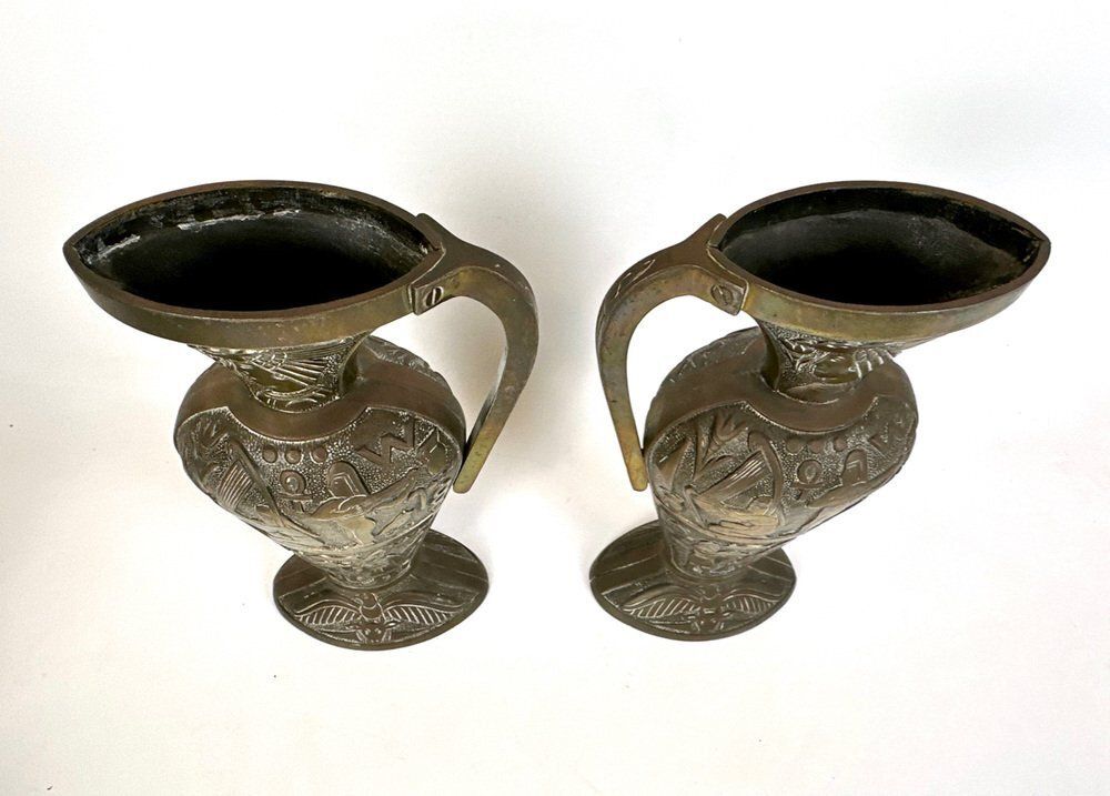 Egiptian Scenes Galvanized Metal Vases, 1900s, Set Of 2 photo vinterior