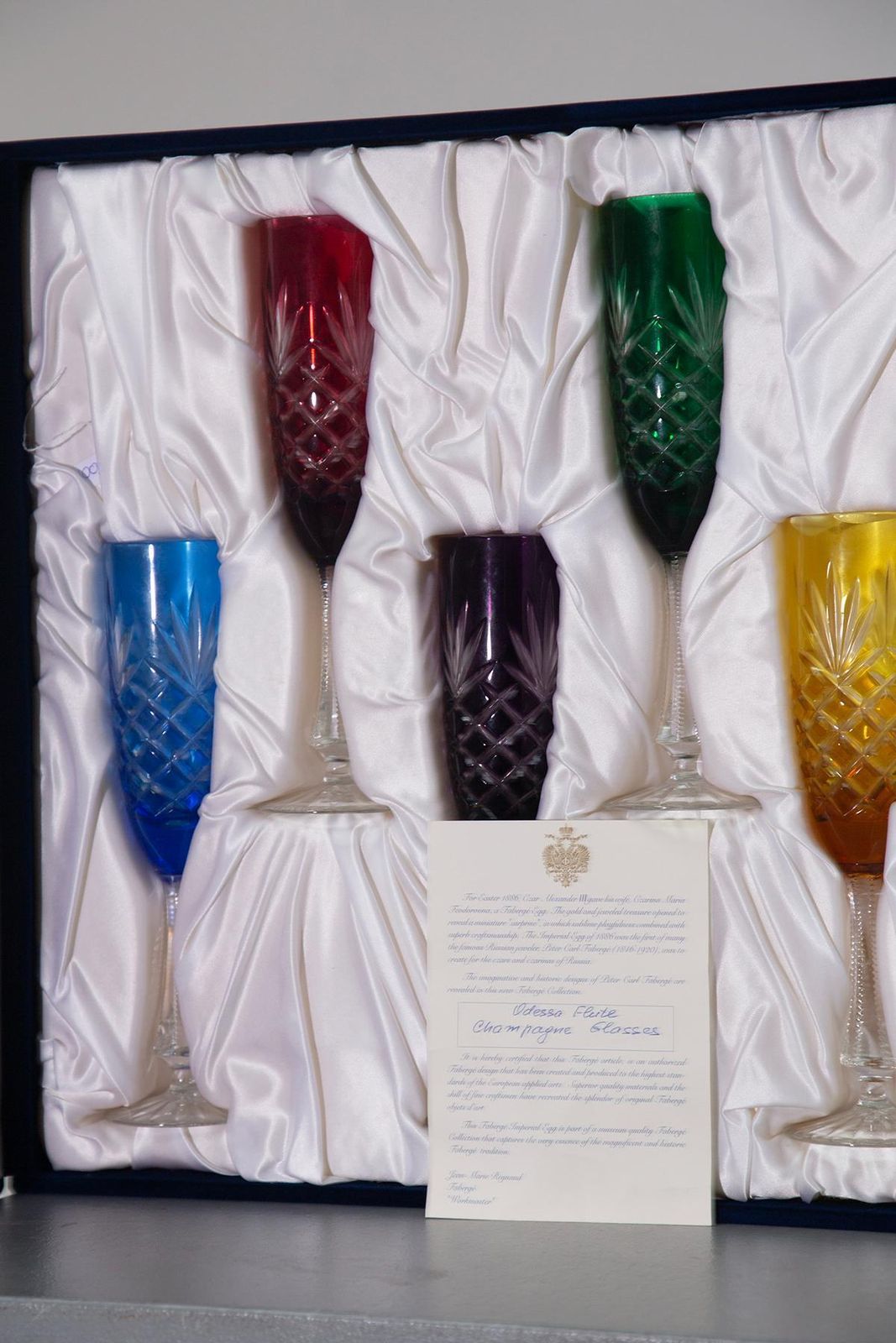 Set Of 6 Peter Carl Faberge Odessa Crystal Champagne Flutes, Signed photo vintage