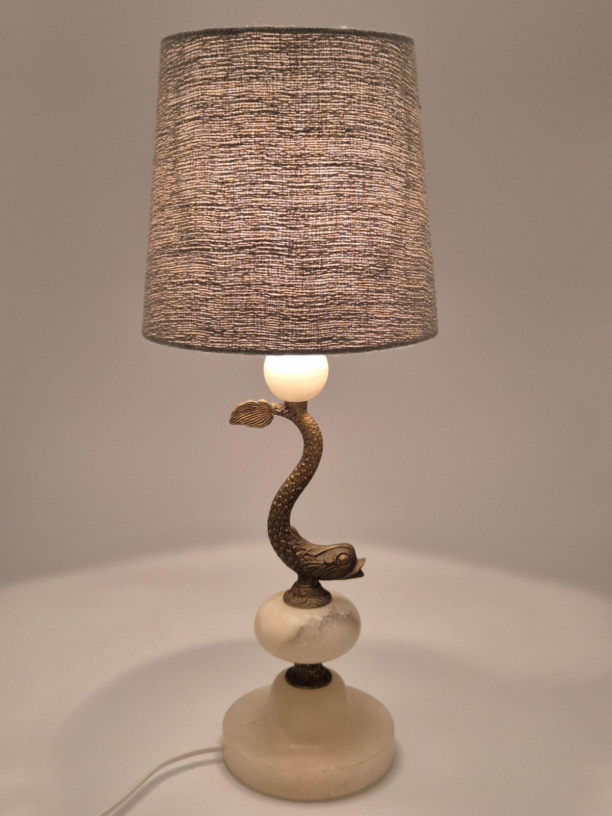 Sculptural Table Lamp In Alabaster With Decor Of Fish/Dolphin, Swedish Grace photo buy
