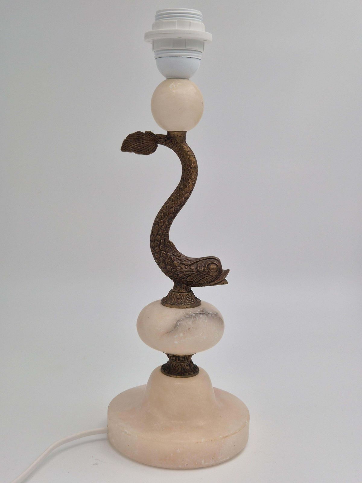 Sculptural Table Lamp In Alabaster With Decor Of Fish/Dolphin, Swedish Grace photo vintage