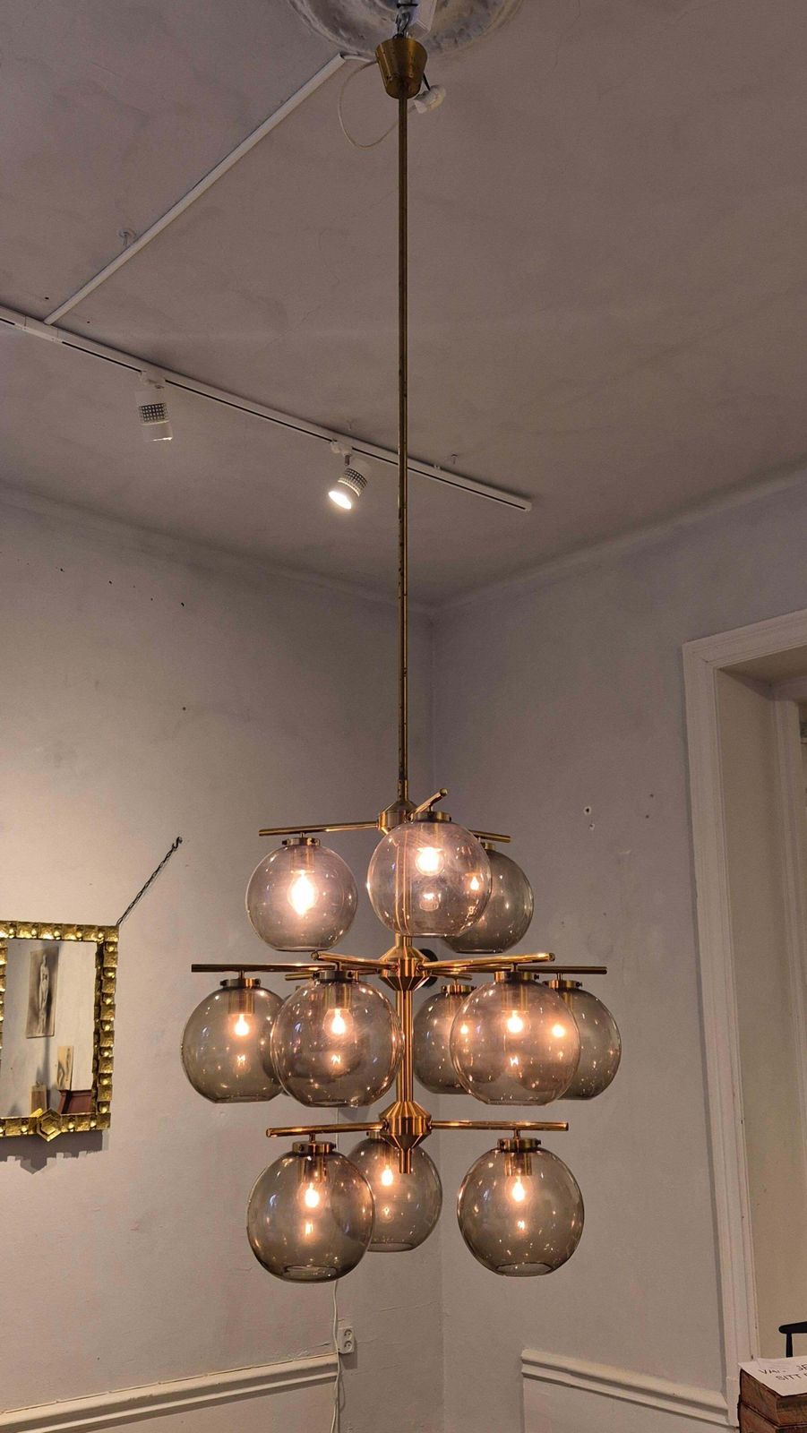 Holger Johansson, Chandelier In Brass And Grey Glass, Scandinavian Modern photo Lighting