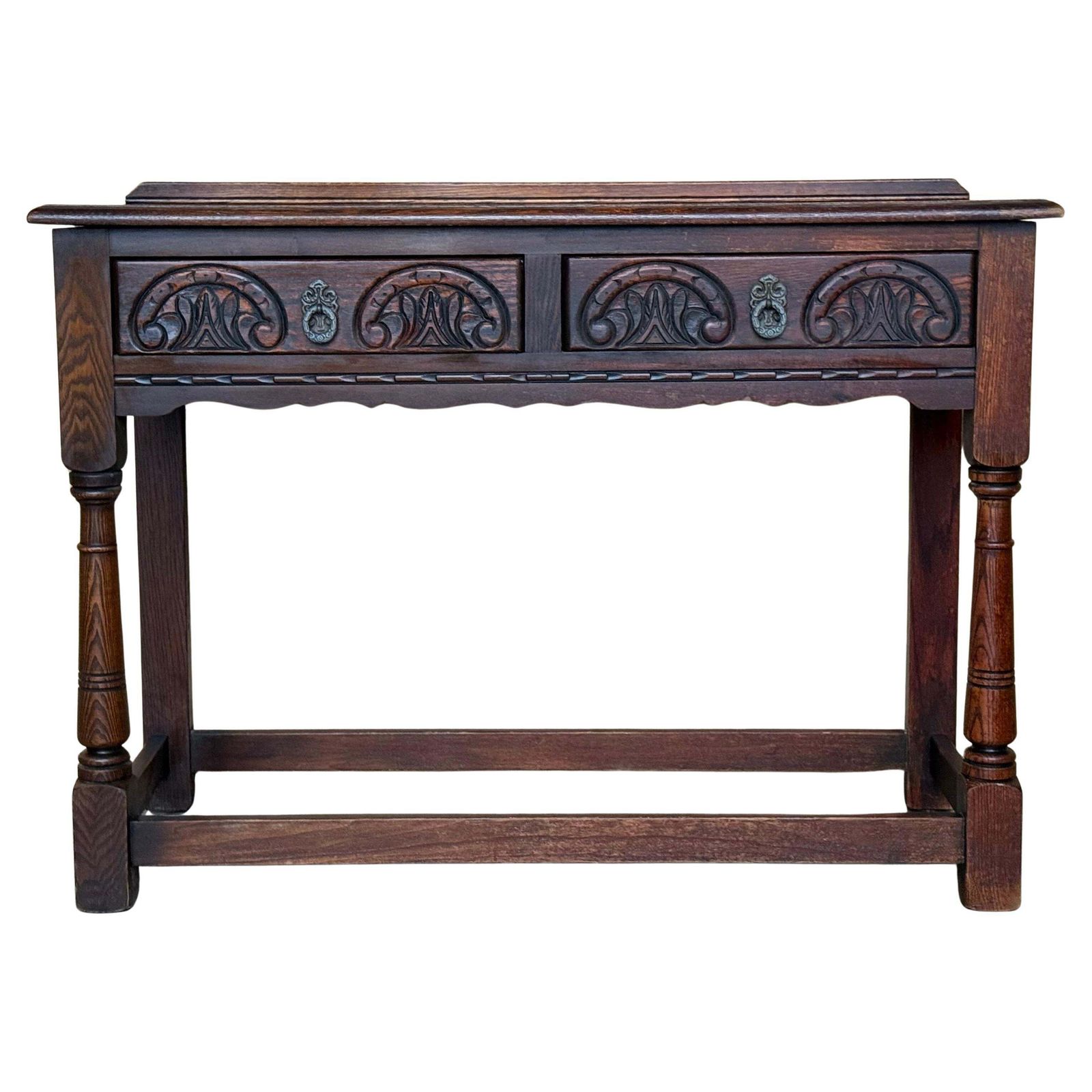 Table console ou table de canapé de style campagnard espagnol en noyer, avec tiroirs sculptés