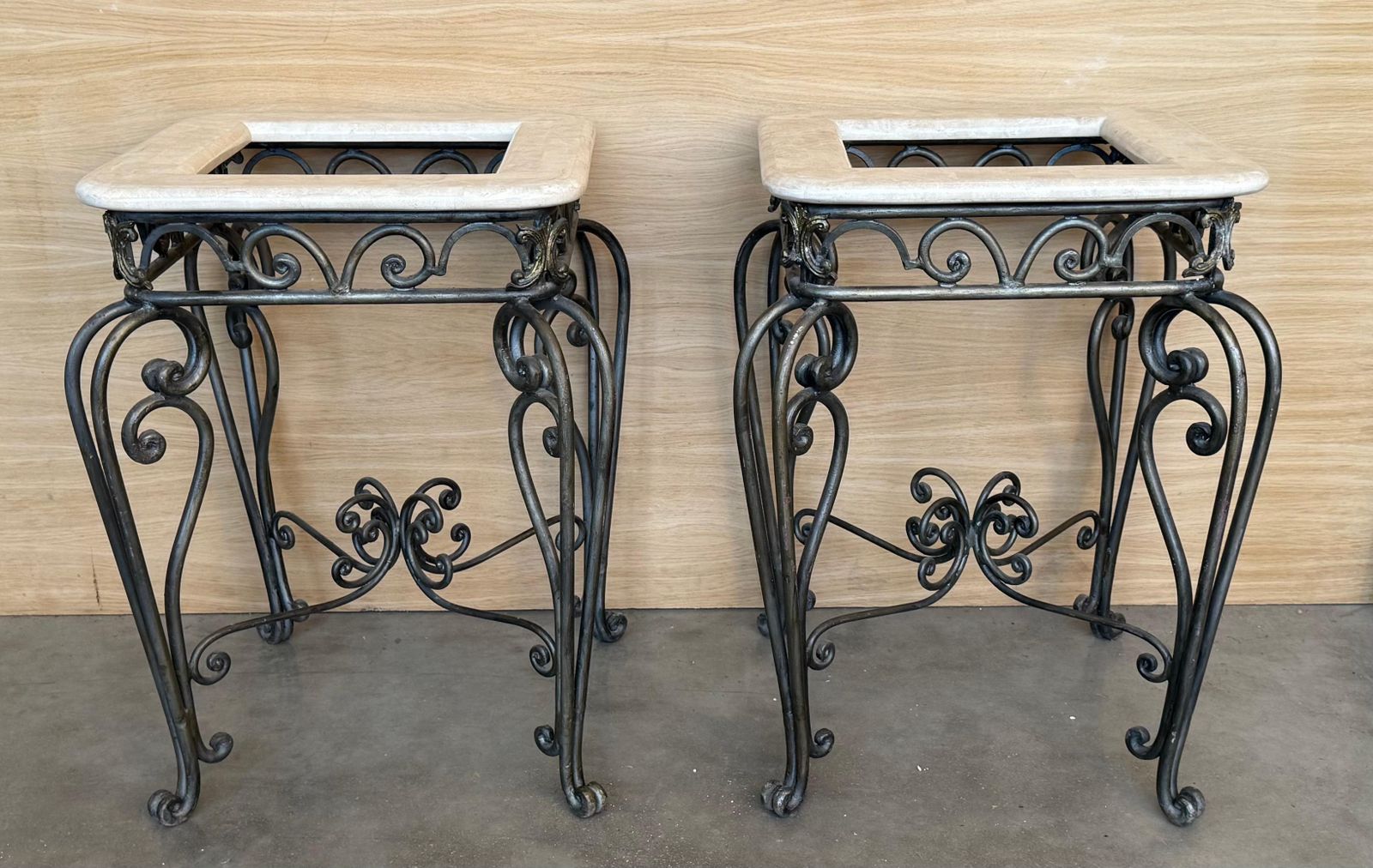 Pair Of Neoclassical Style Patinated Forged Iron Planter Stands With Marble Top photo furniture